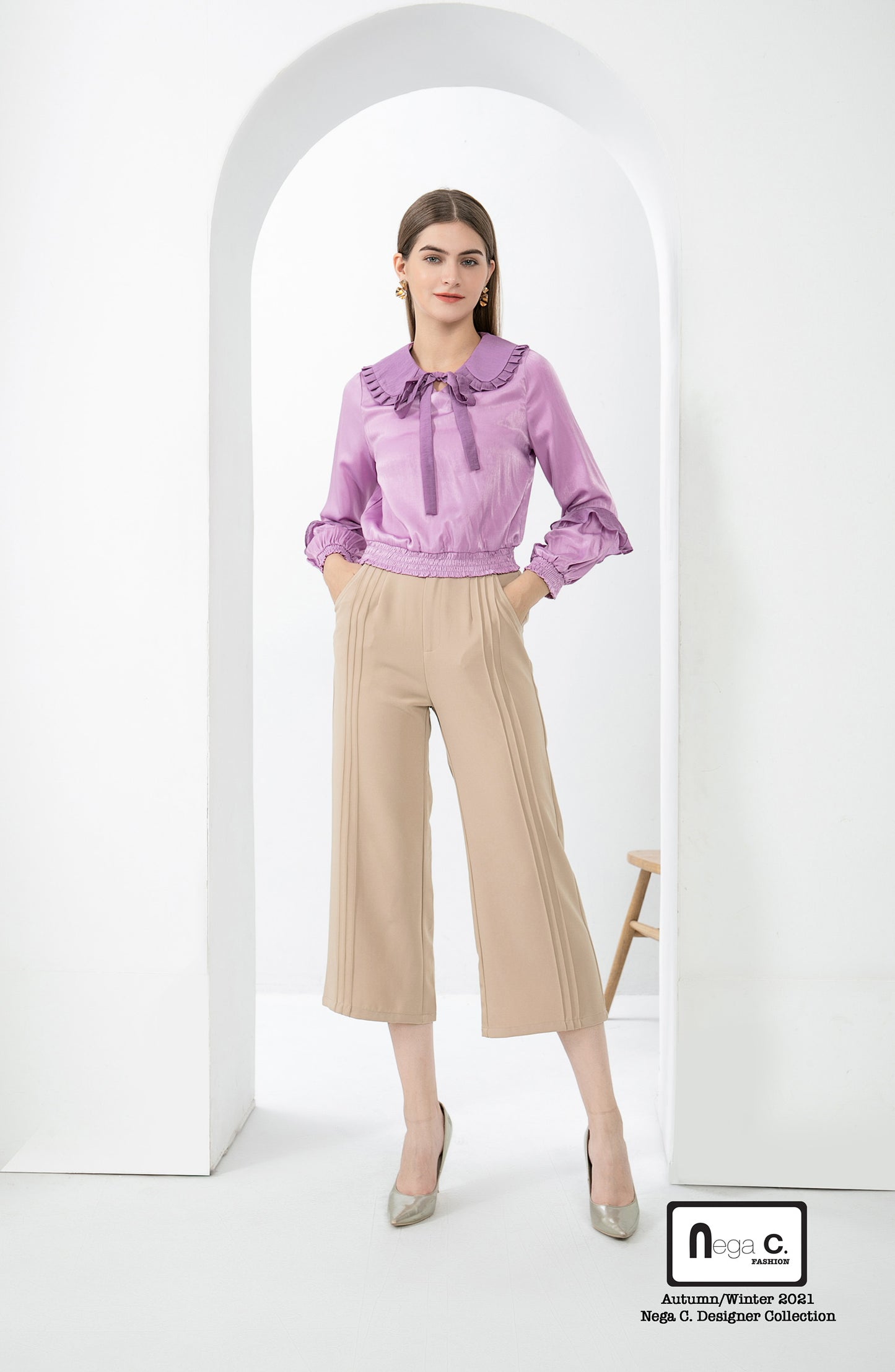 Nega C. เสื้อคอกลมพับจีบ |สีชมพู|