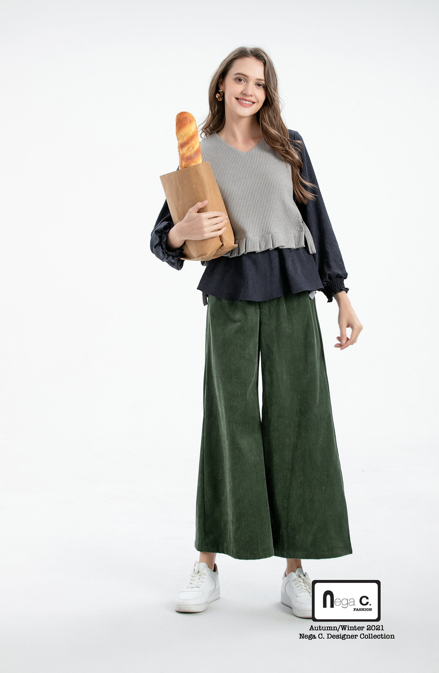Nega C. เสื้อถักนิตติ้งแขนพัฟ | สีน้ำเงินเข้ม | ไม่มีซับใน