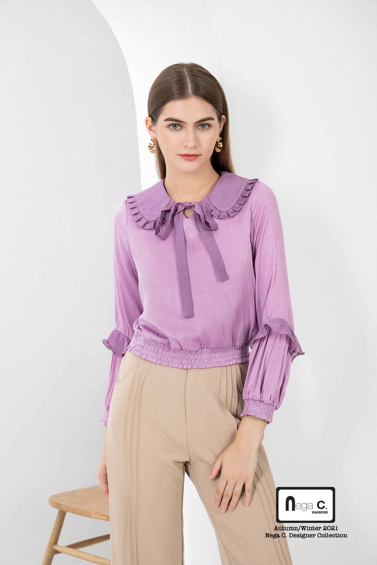 Nega C. เสื้อคอกลมพับจีบ |สีชมพู|