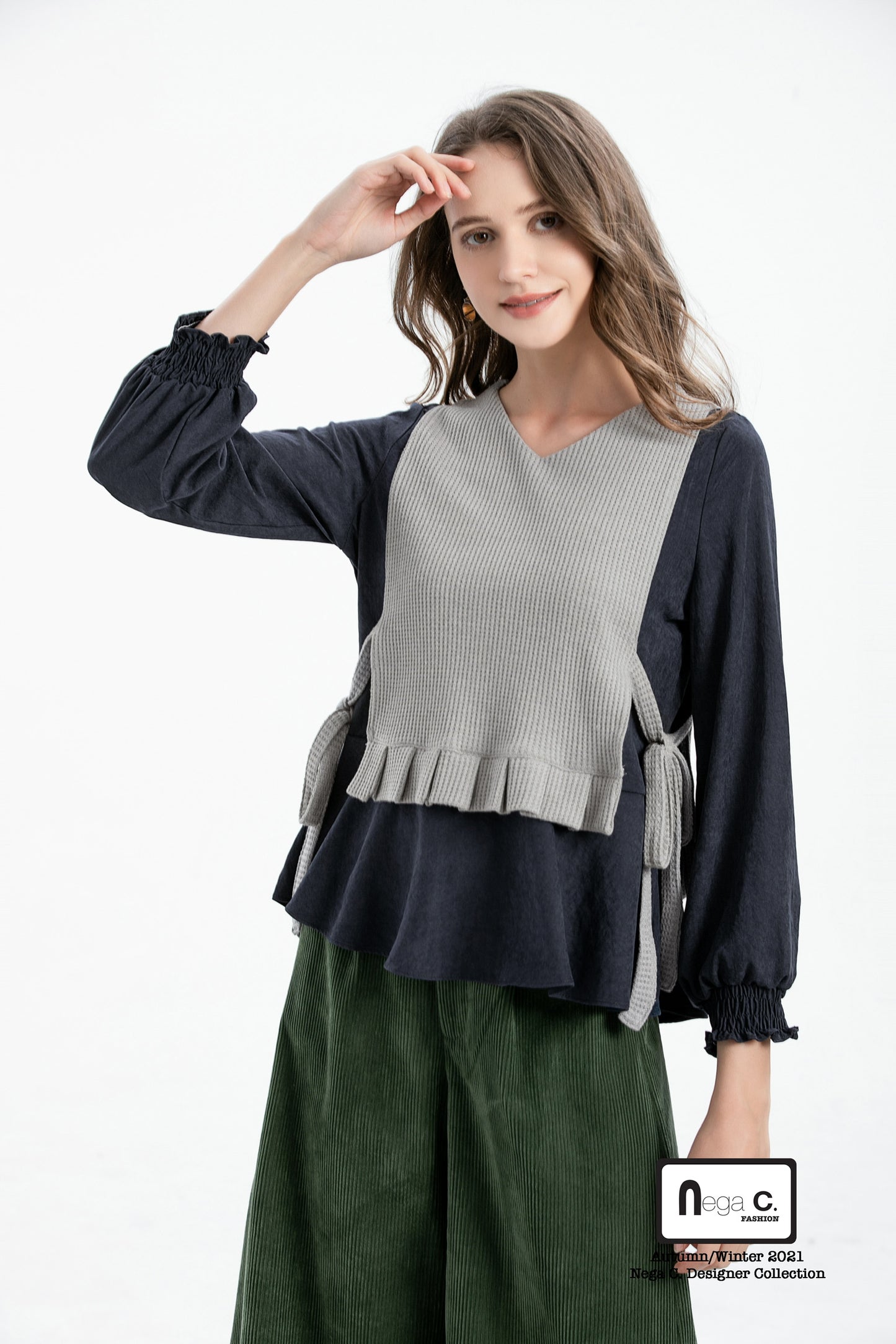 Nega C. เสื้อถักนิตติ้งแขนพัฟ | สีน้ำเงินเข้ม | ไม่มีซับใน