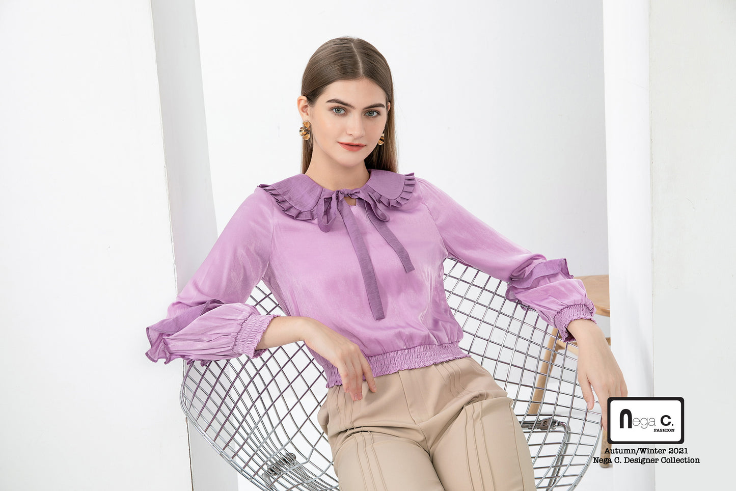 Nega C. เสื้อคอกลมพับจีบ |สีชมพู|