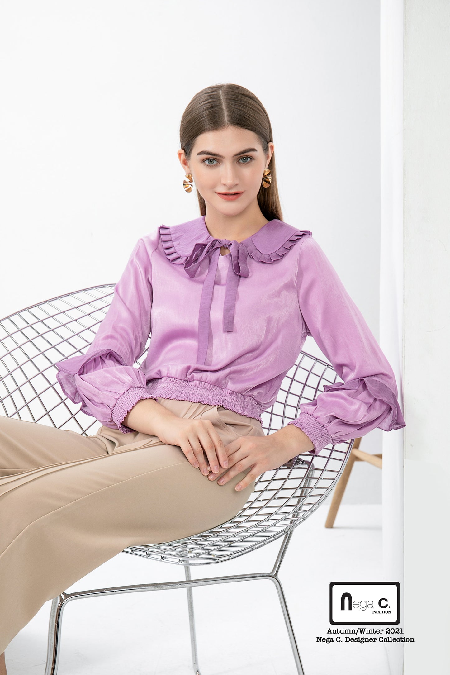 Nega C. เสื้อคอกลมพับจีบ |สีชมพู|