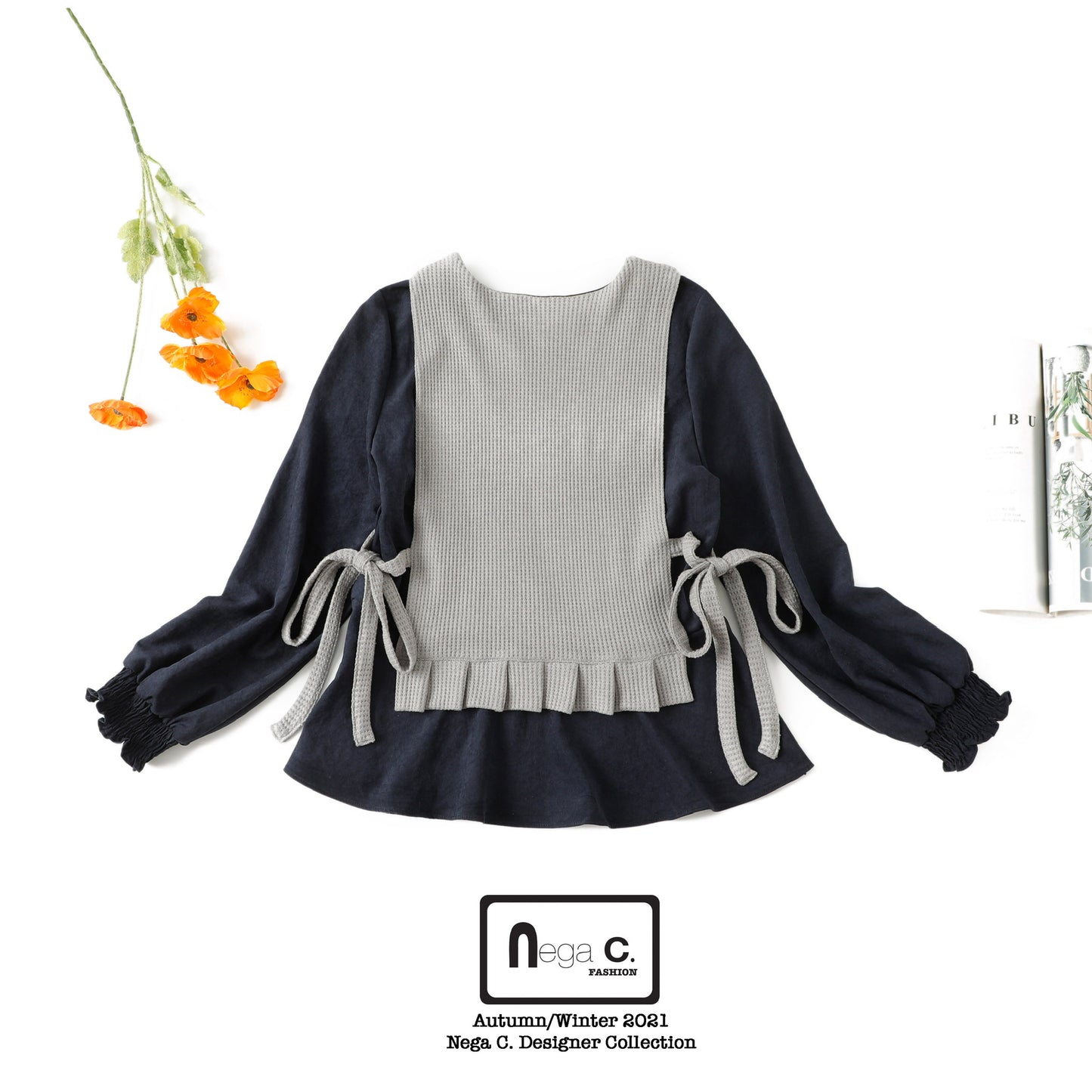 Nega C. เสื้อถักนิตติ้งแขนพัฟ | สีน้ำเงินเข้ม | ไม่มีซับใน