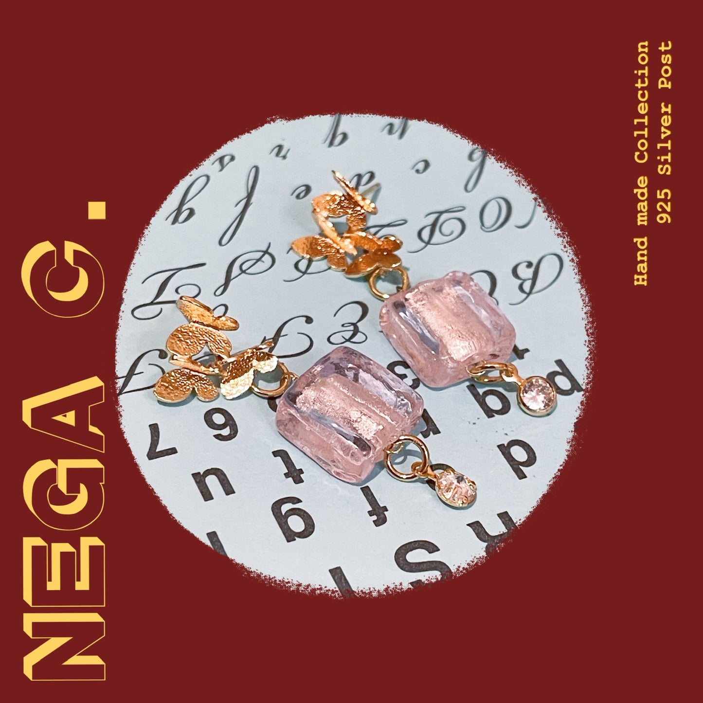 NC ACC 粉紅方石蝴蝶耳環