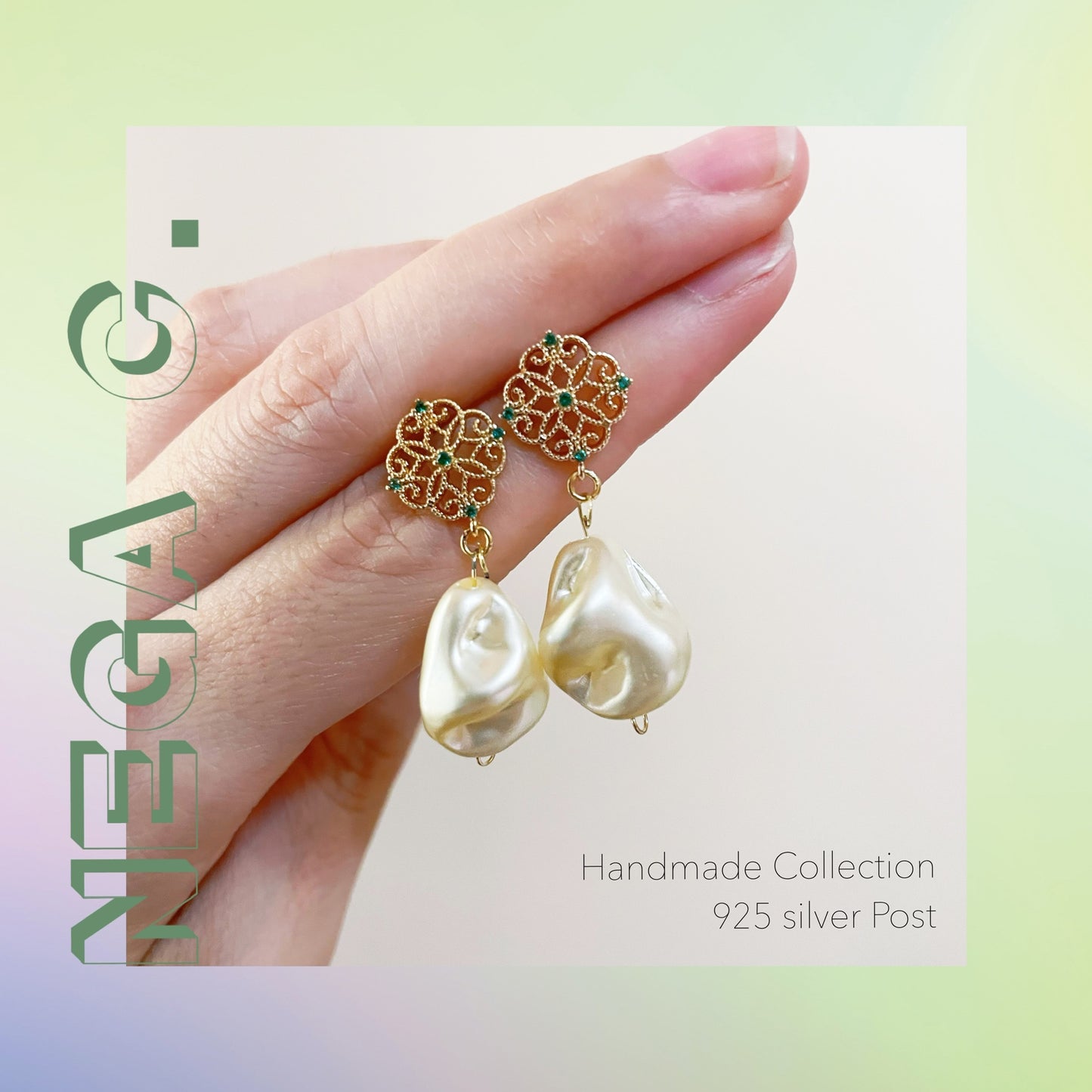 NC ACC 復古通花淡水珍珠耳環|綠色|