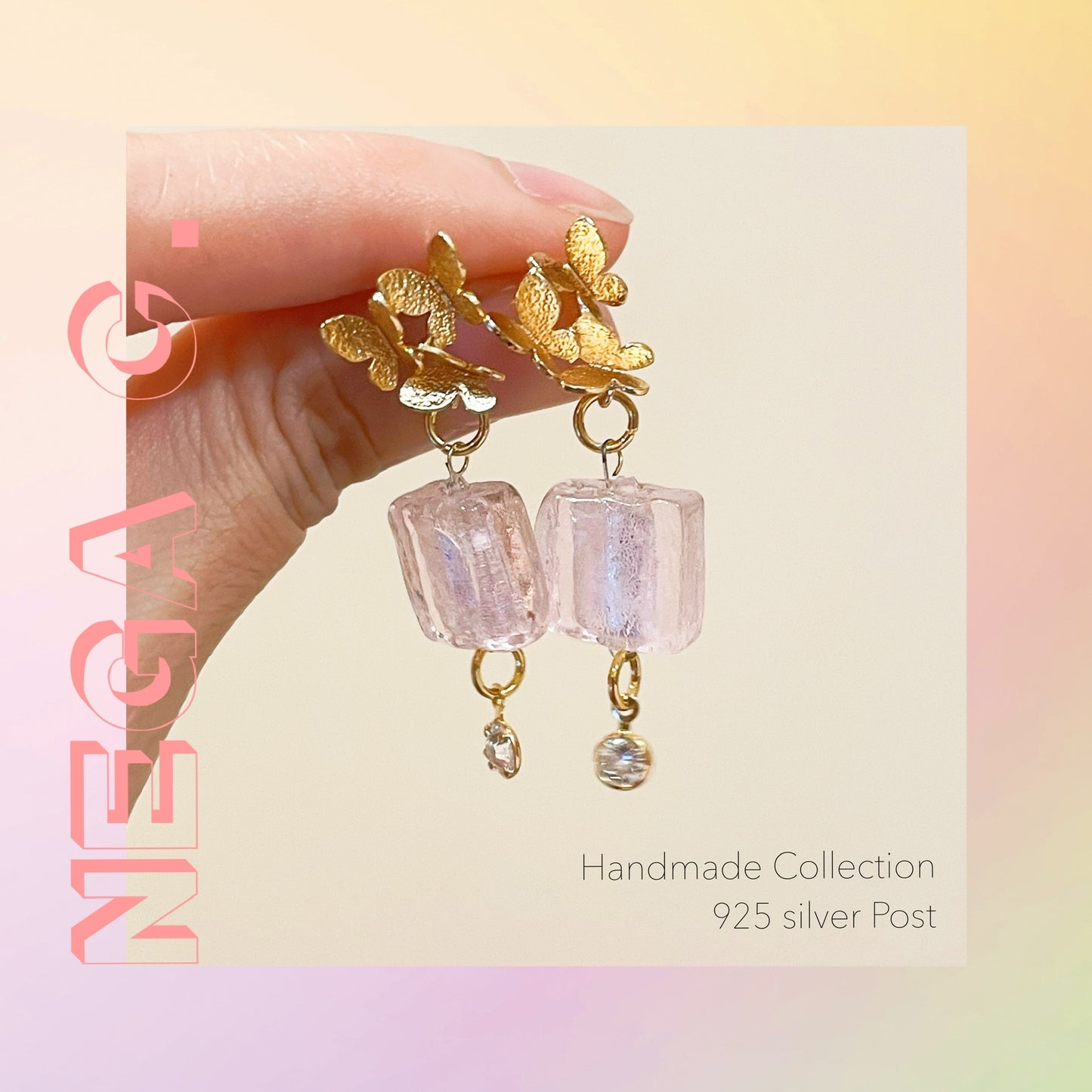 NC ACC 粉紅方石蝴蝶耳環