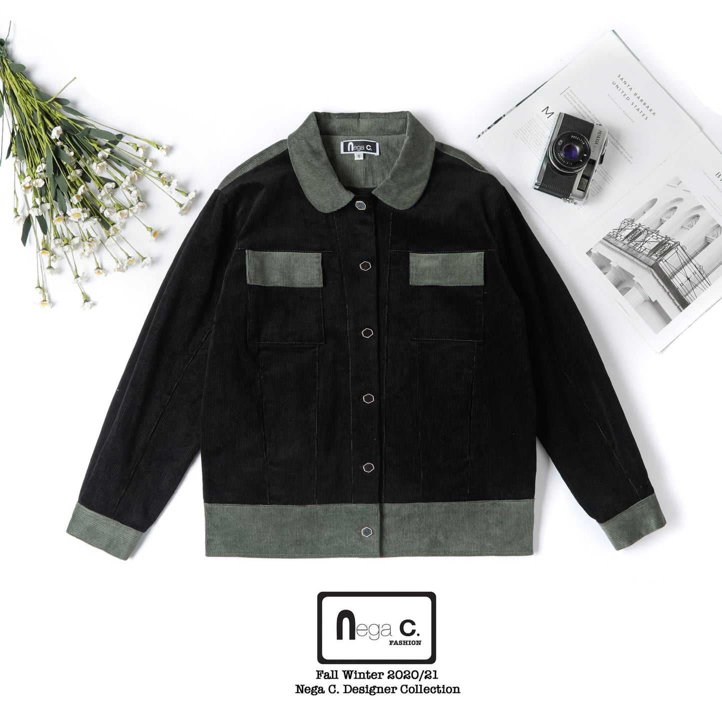 Nega C. เสื้อแจ็คเก็ตกำมะหยี่บล็อคสี | สีดำ |