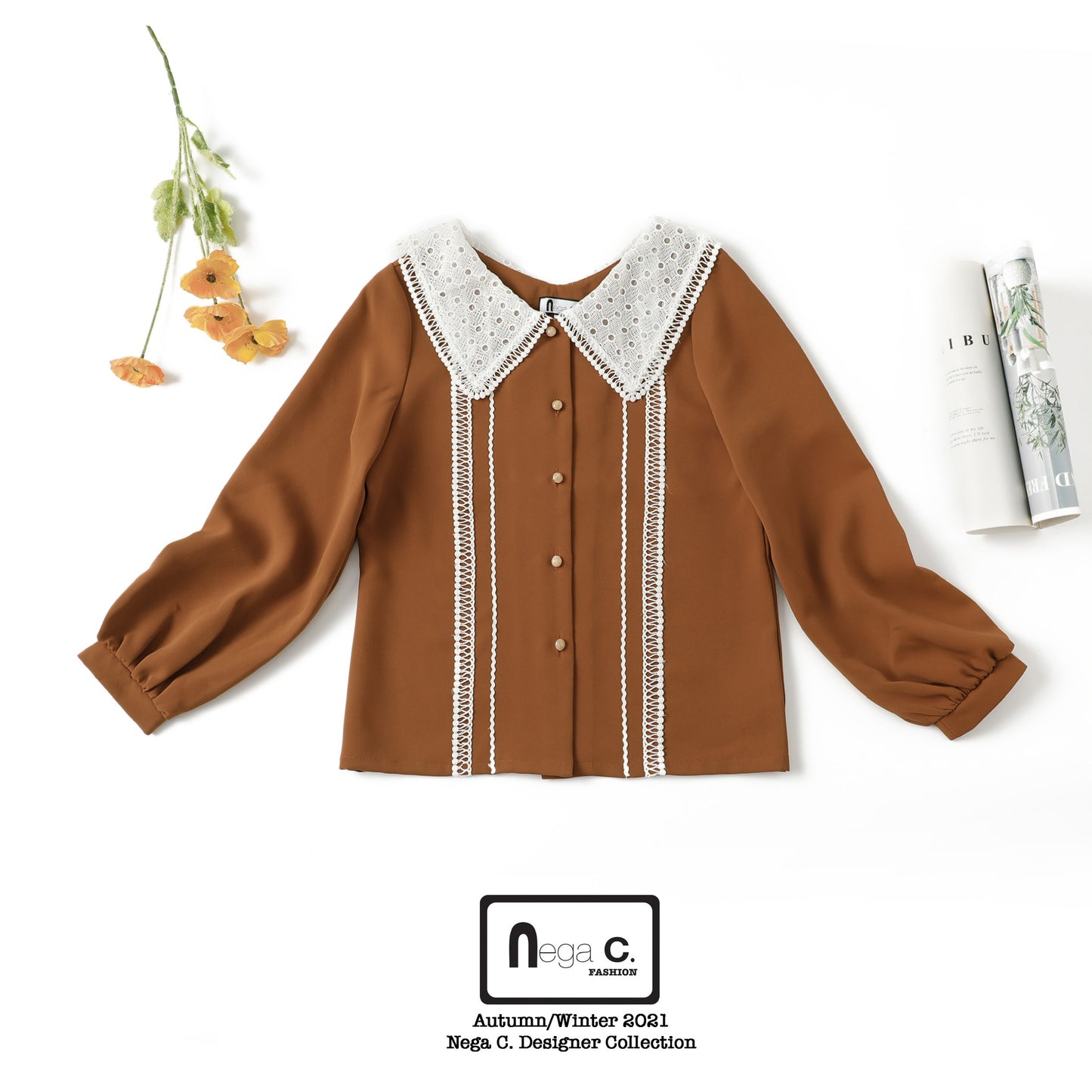Nega C. เสื้อลูกไม้คอปกใหญ่|สีน้ำตาล|ไม่ยางยืด