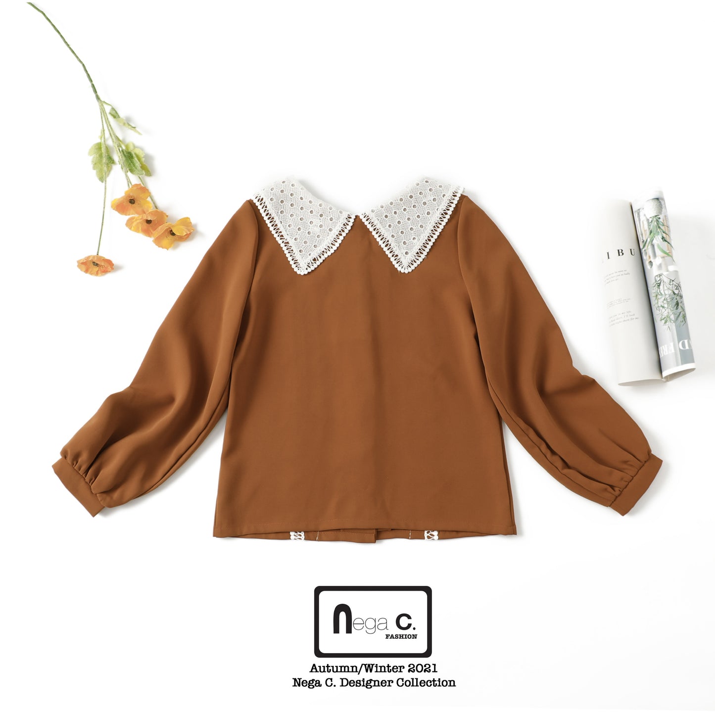 Nega C. เสื้อลูกไม้คอปกใหญ่|สีน้ำตาล|ไม่ยางยืด