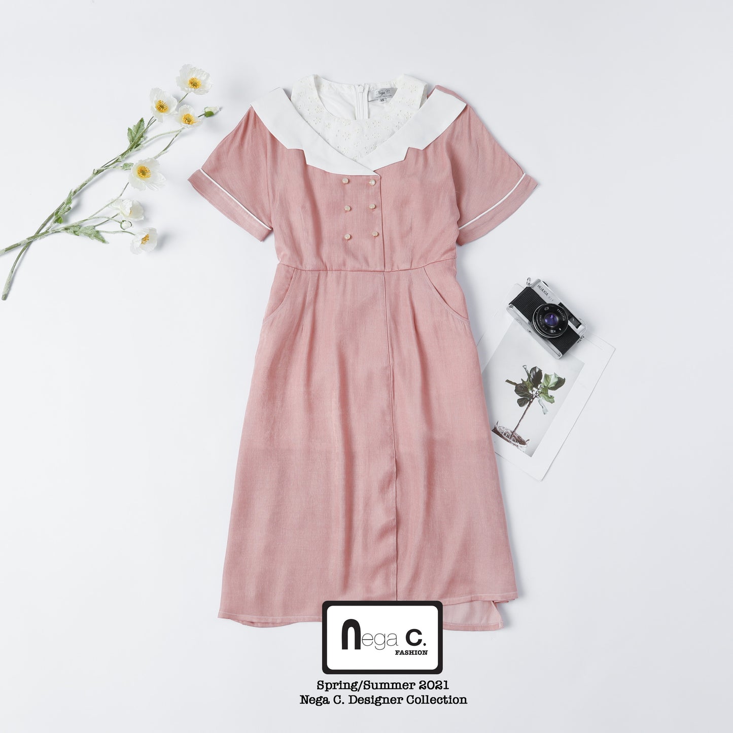 Nega C. เดรสเชิ้ตปลอมสไตล์เรโทร | สีชมพู |
