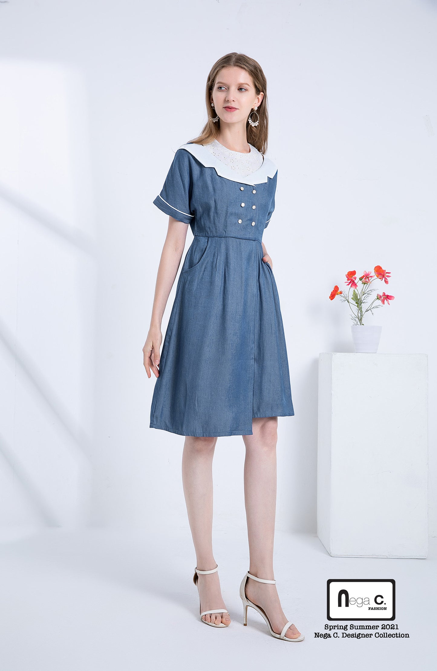 Nega C. เดรสเชิ้ตปลอมสไตล์เรโทร | สีฟ้า |
