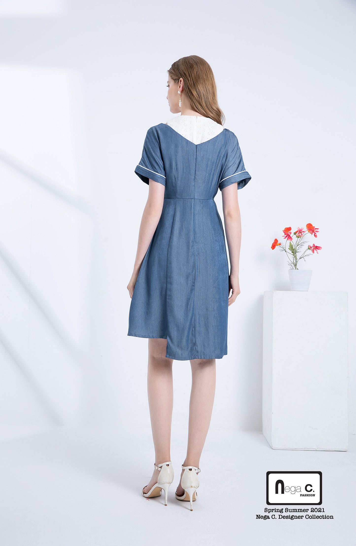Nega C. เดรสเชิ้ตปลอมสไตล์เรโทร | สีฟ้า |