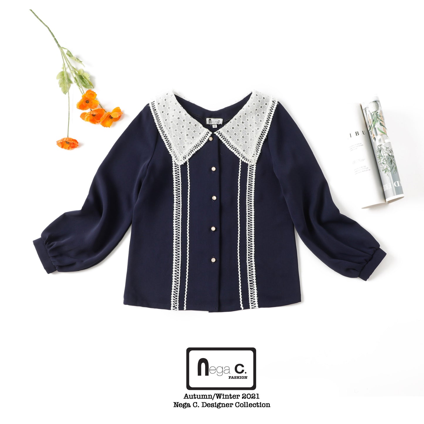 Nega C. เสื้อเชิ้ตคอปกใหญ่ลูกไม้|สีน้ำเงินเข้ม|ไม่ยางยืด