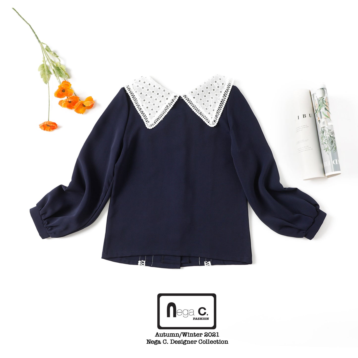 Nega C. เสื้อเชิ้ตคอปกใหญ่ลูกไม้|สีน้ำเงินเข้ม|ไม่ยางยืด
