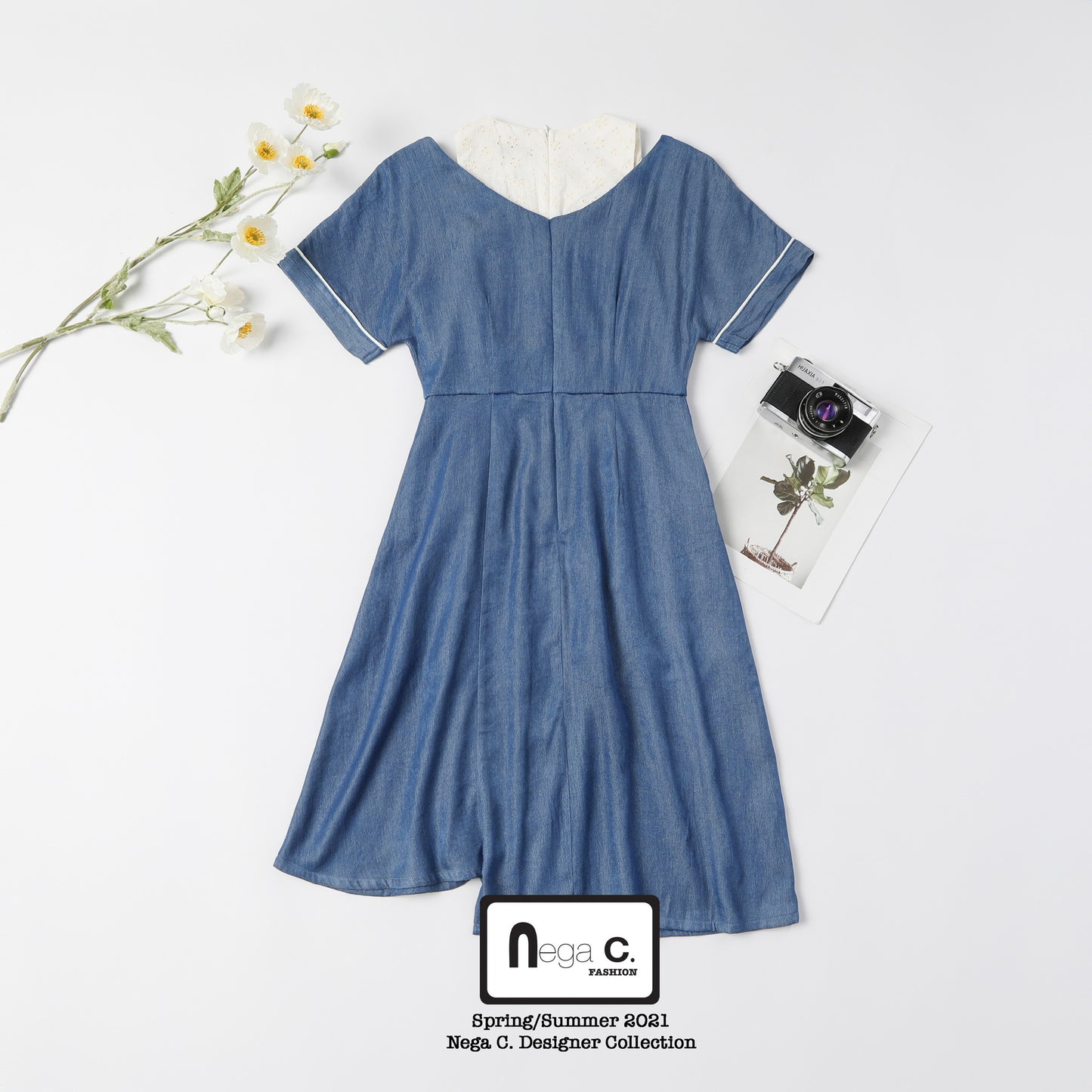 Nega C. เดรสเชิ้ตปลอมสไตล์เรโทร | สีฟ้า |