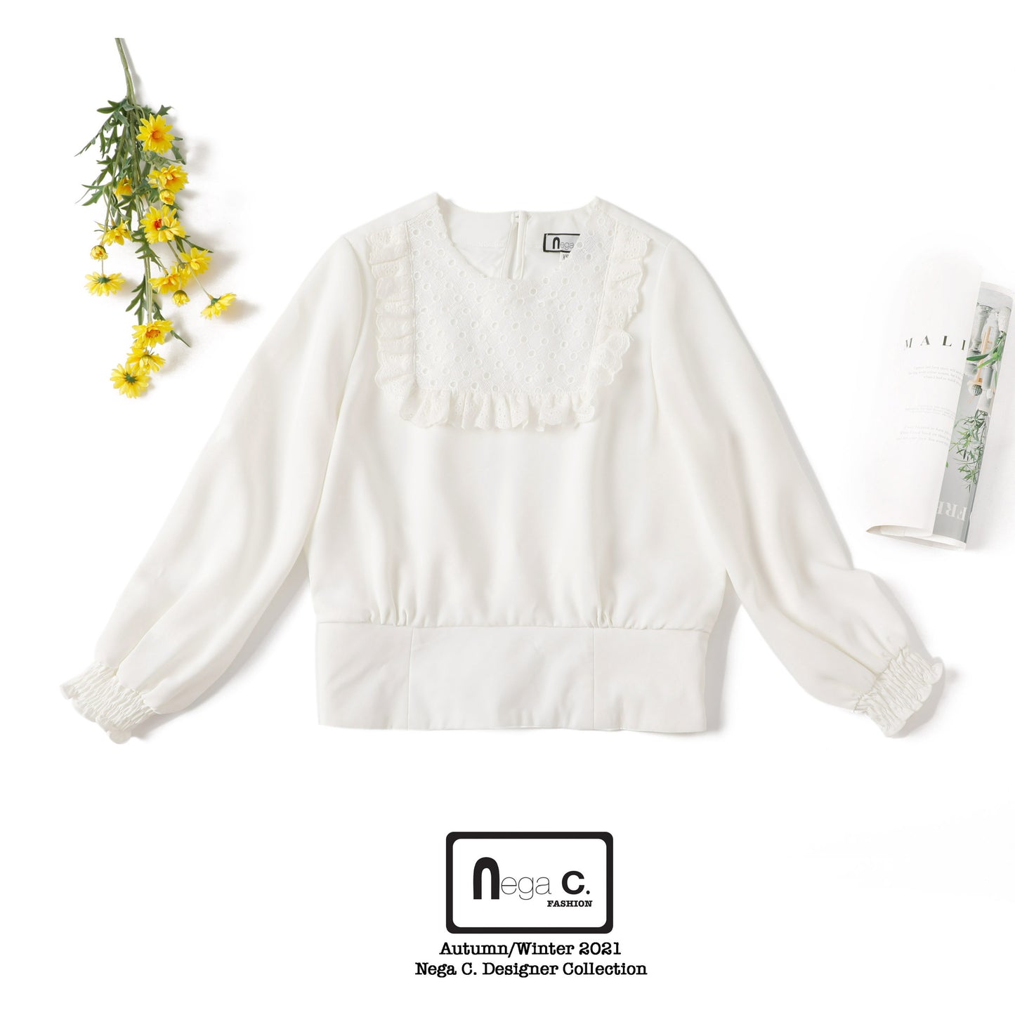 Nega C. เสื้อลูกไม้คอกลมเอวพอดี|สีขาว|ไม่ยืด|มีซับในครึ่งตัว