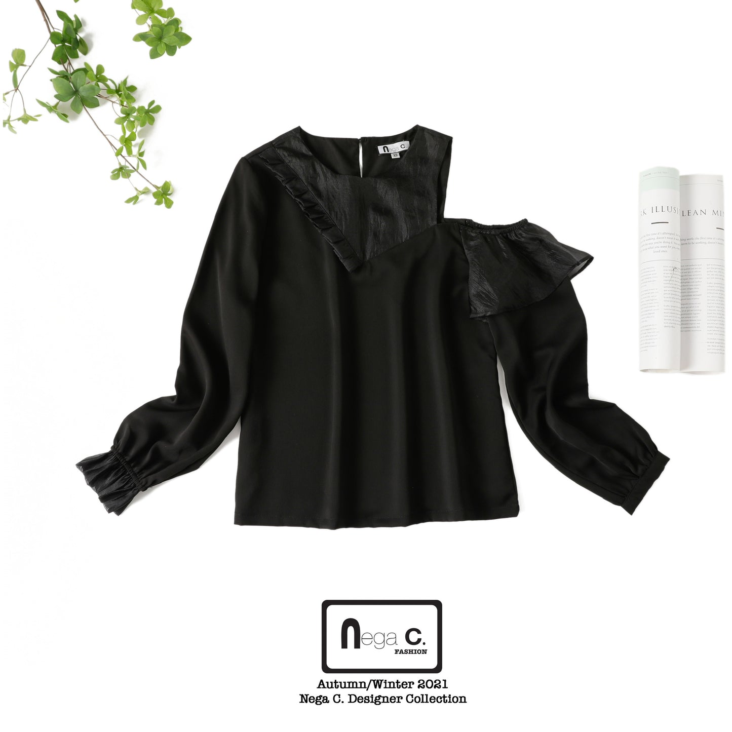 Nega C. Round Neck Pressed Off Shoulder Top|สีดำ|