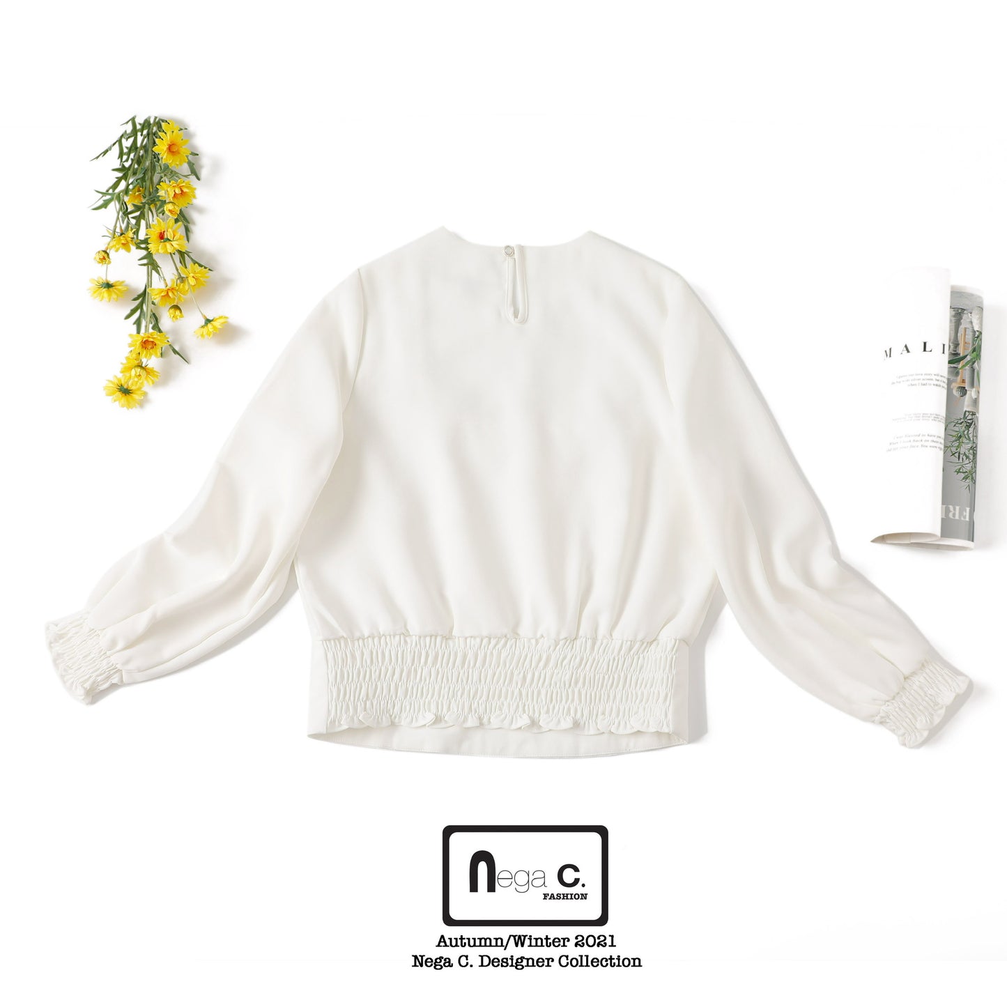Nega C. เสื้อลูกไม้คอกลมเอวพอดี|สีขาว|ไม่ยืด|มีซับในครึ่งตัว