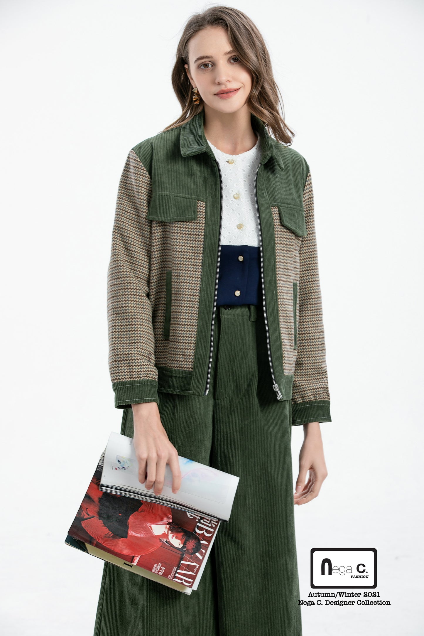 Nega C. Houndstooth เสื้อแจ็คเก็ตงานปะสไตล์วินเทจ | สีเขียว | มีซับใน