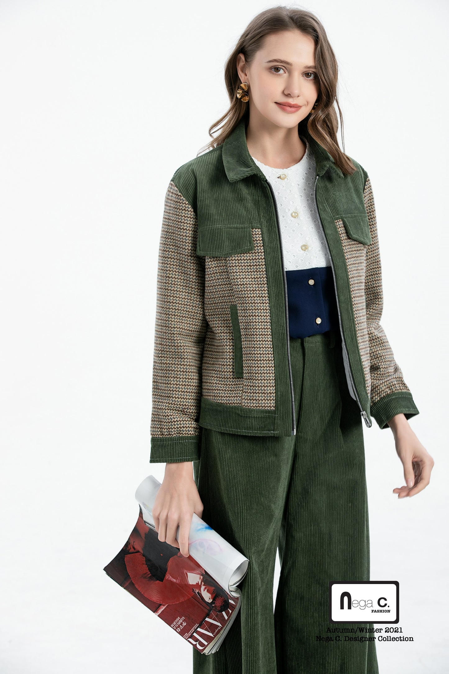 Nega C. Houndstooth เสื้อแจ็คเก็ตงานปะสไตล์วินเทจ | สีเขียว | มีซับใน