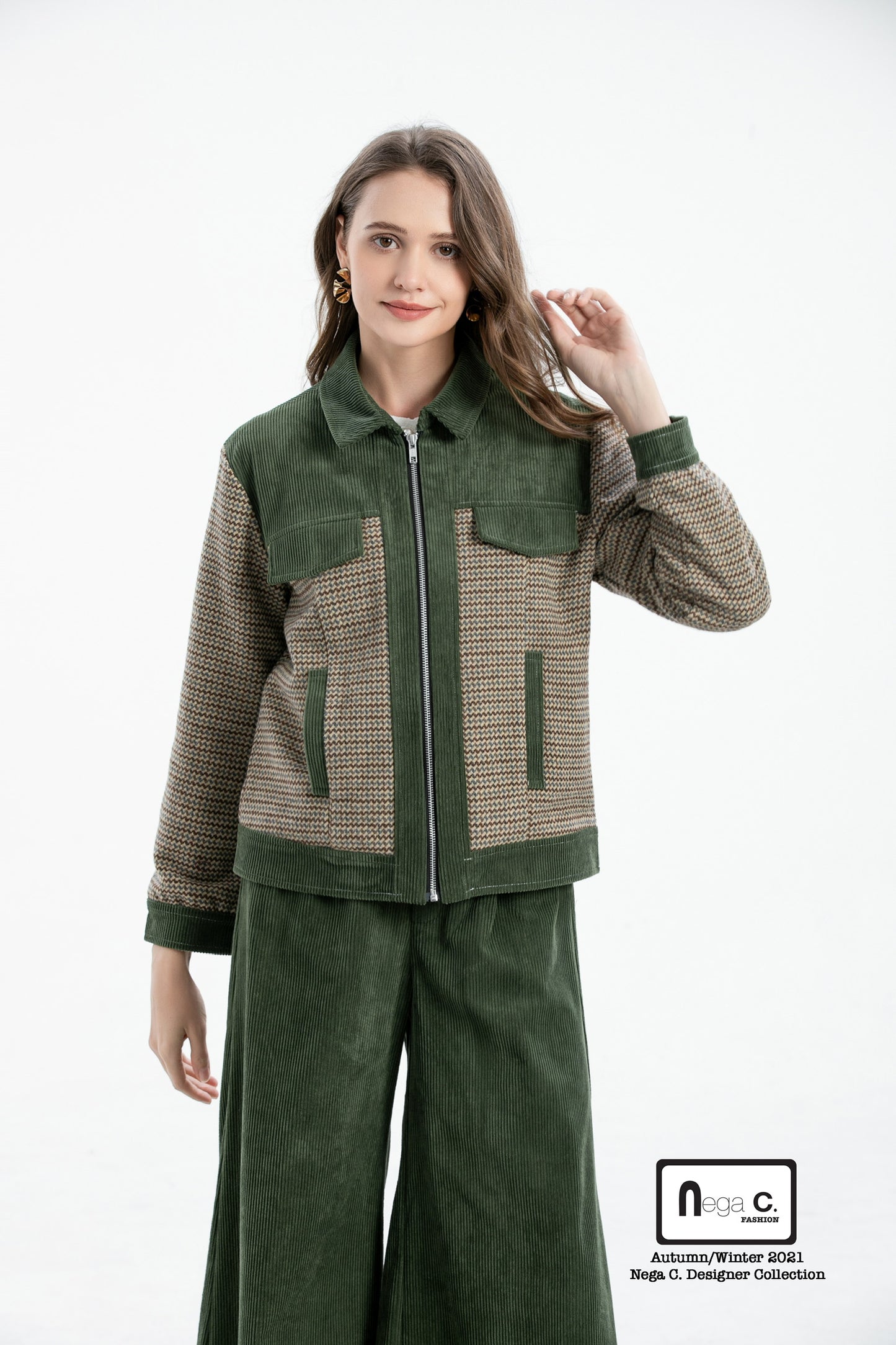 Nega C. Houndstooth เสื้อแจ็คเก็ตงานปะสไตล์วินเทจ | สีเขียว | มีซับใน