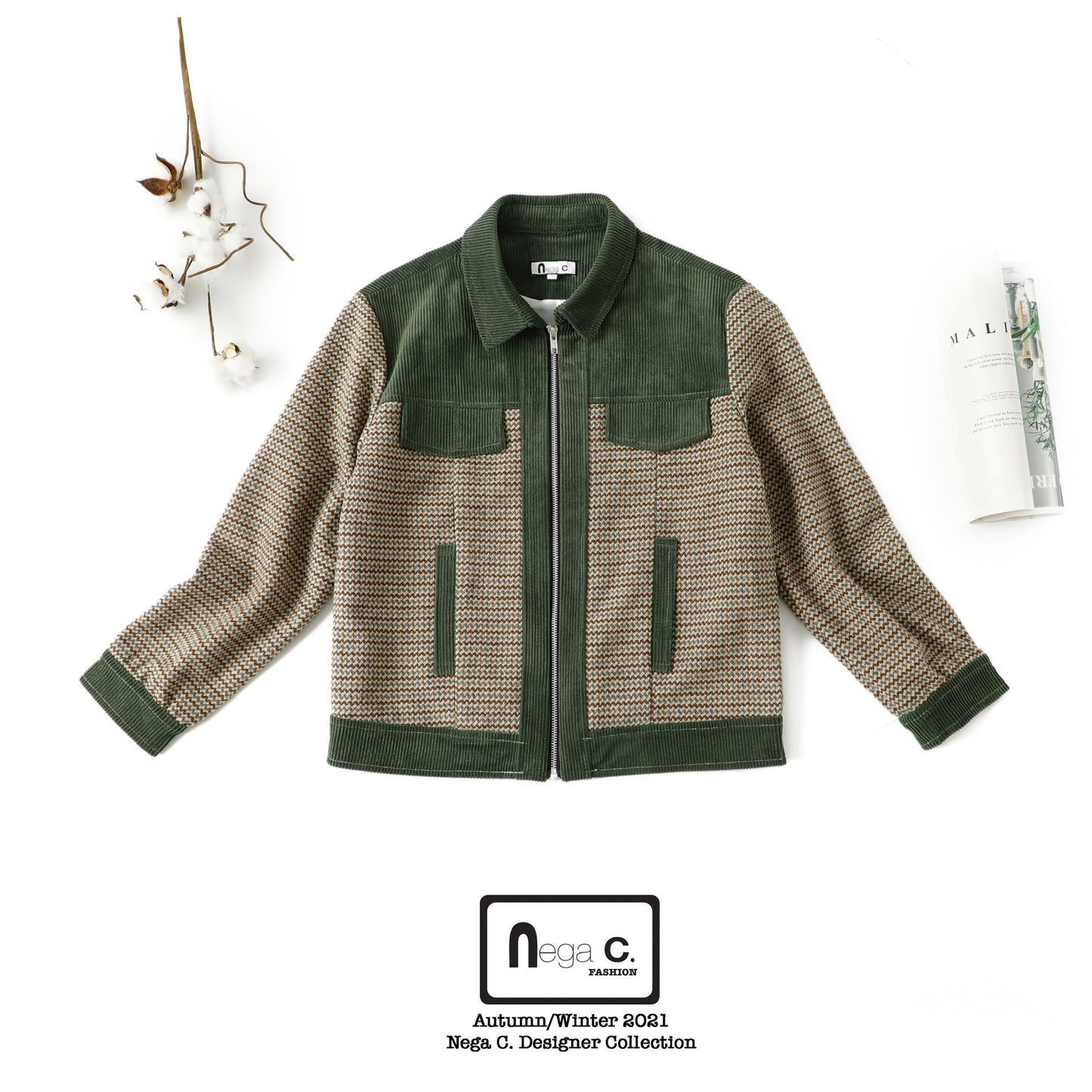 Nega C. Houndstooth เสื้อแจ็คเก็ตงานปะสไตล์วินเทจ | สีเขียว | มีซับใน