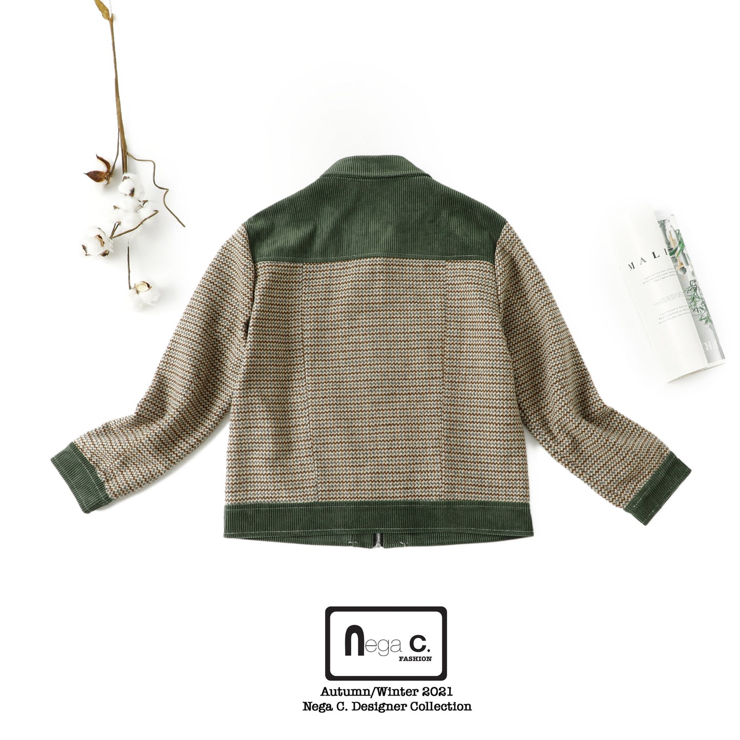 Nega C. Houndstooth เสื้อแจ็คเก็ตงานปะสไตล์วินเทจ | สีเขียว | มีซับใน