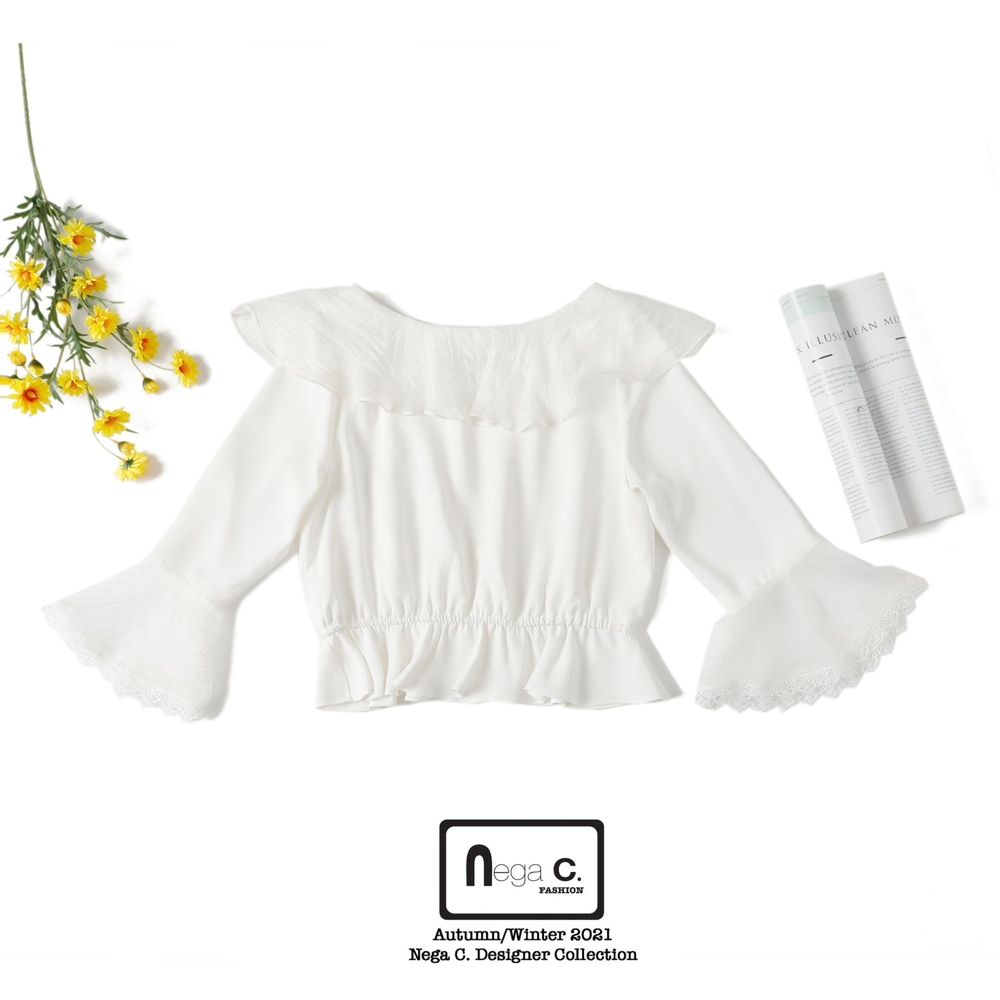 Nega C. เสื้อคอระบายลูกไม้บาน | สีขาว |