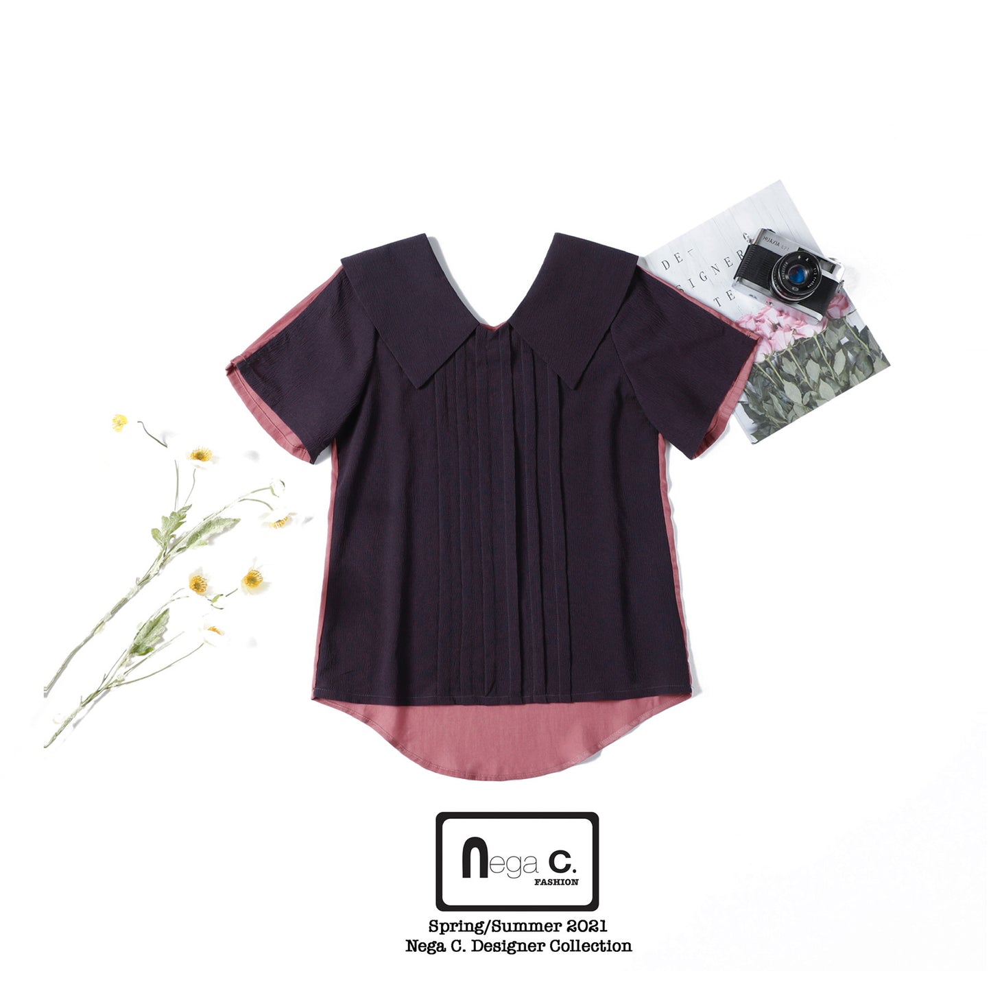Nega C. Colorblock เสื้อเชิ้ตแขนสั้นคอย้อนกลับ | สีม่วง |