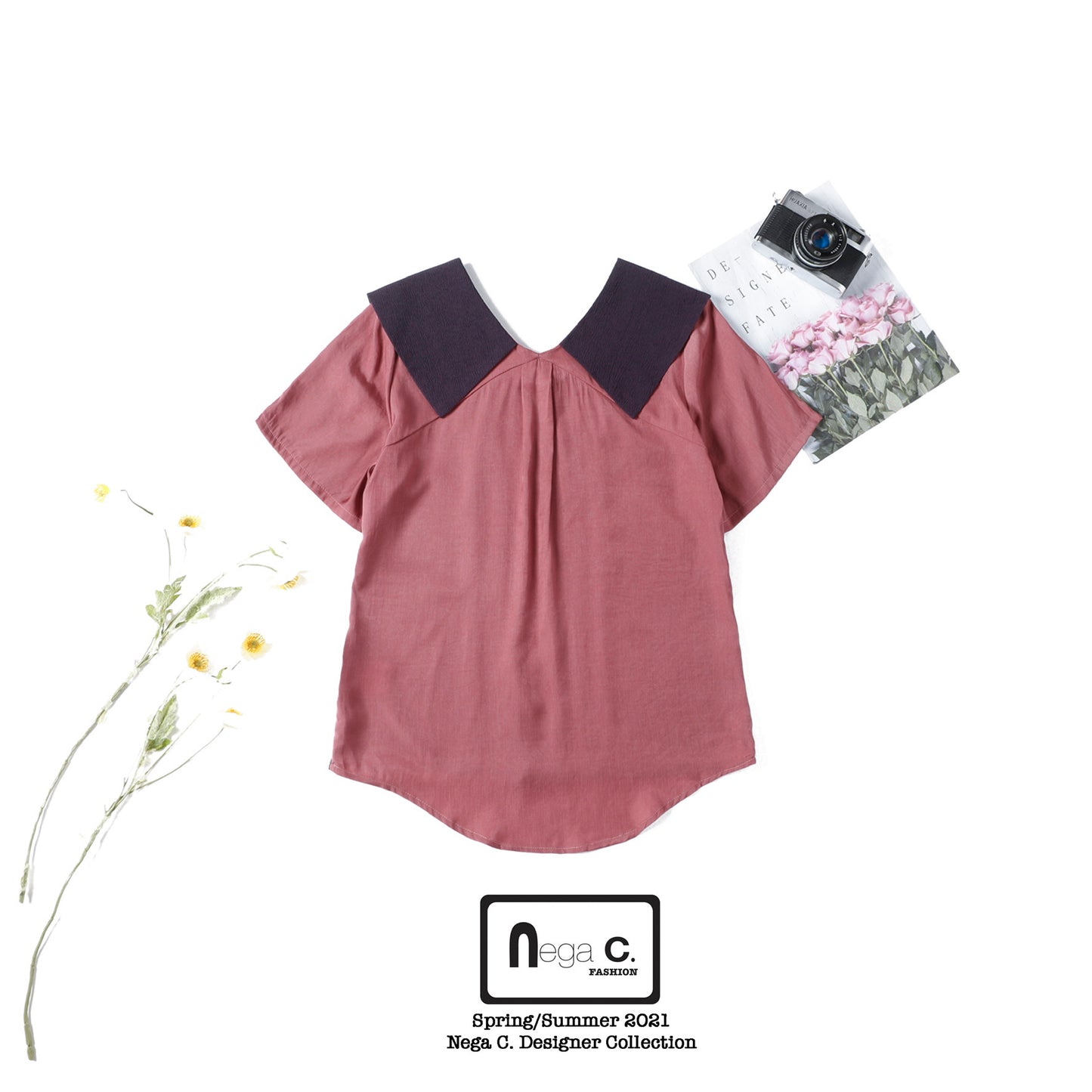 Nega C. Colorblock เสื้อเชิ้ตแขนสั้นคอย้อนกลับ | สีม่วง |