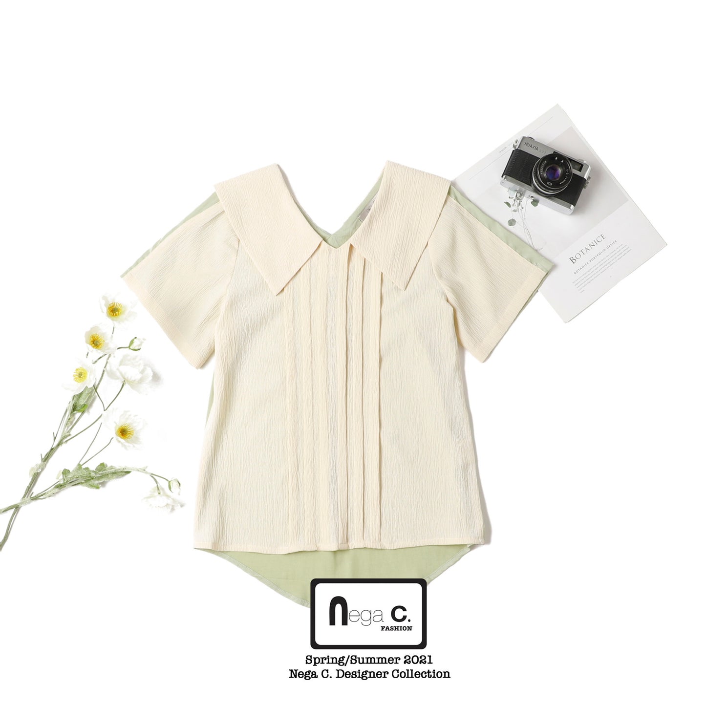 Nega C. Colorblock เสื้อเชิ้ตแขนสั้นคอย้อนกลับ | สีม่วง |