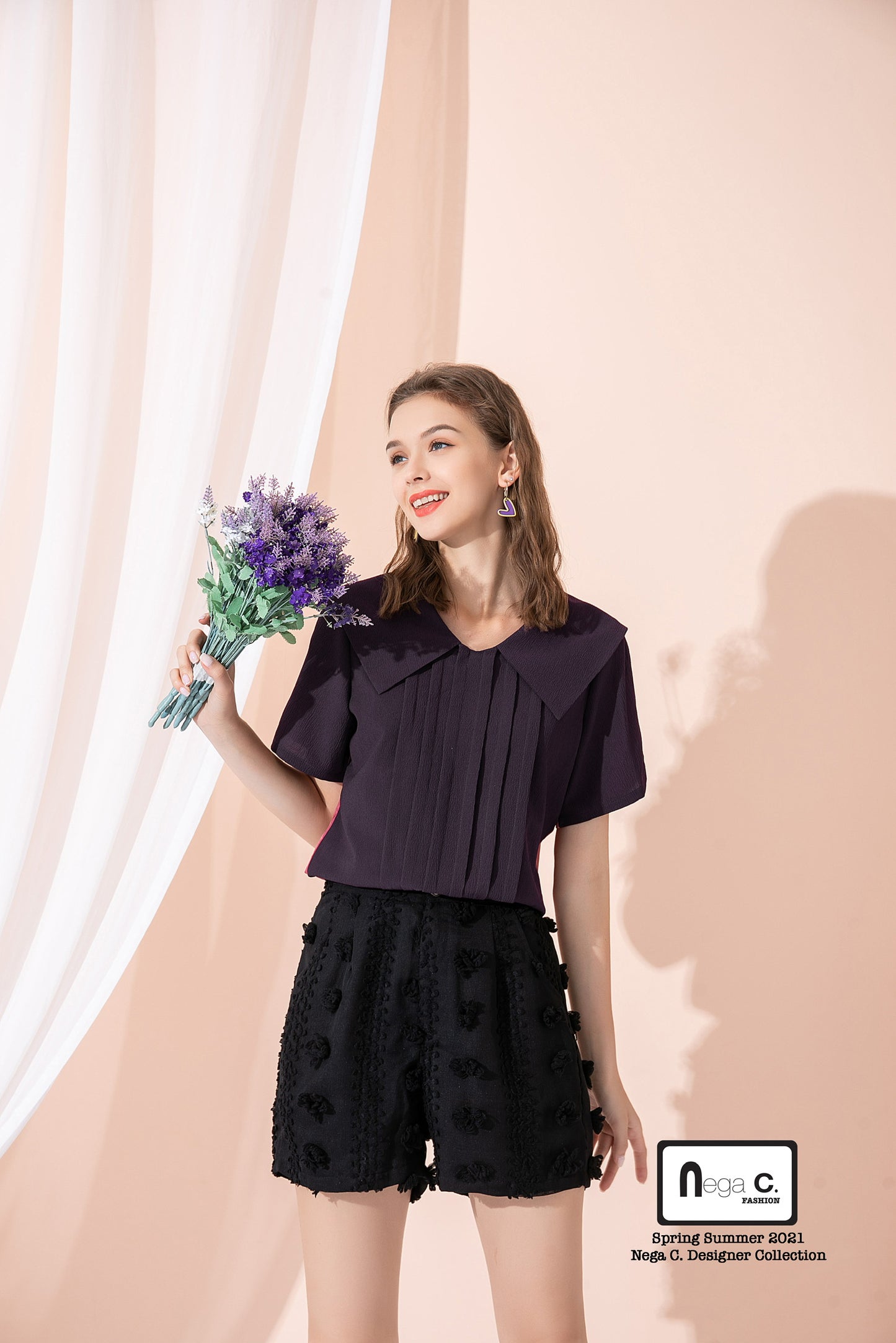 Nega C. Colorblock เสื้อเชิ้ตแขนสั้นคอย้อนกลับ | สีม่วง |