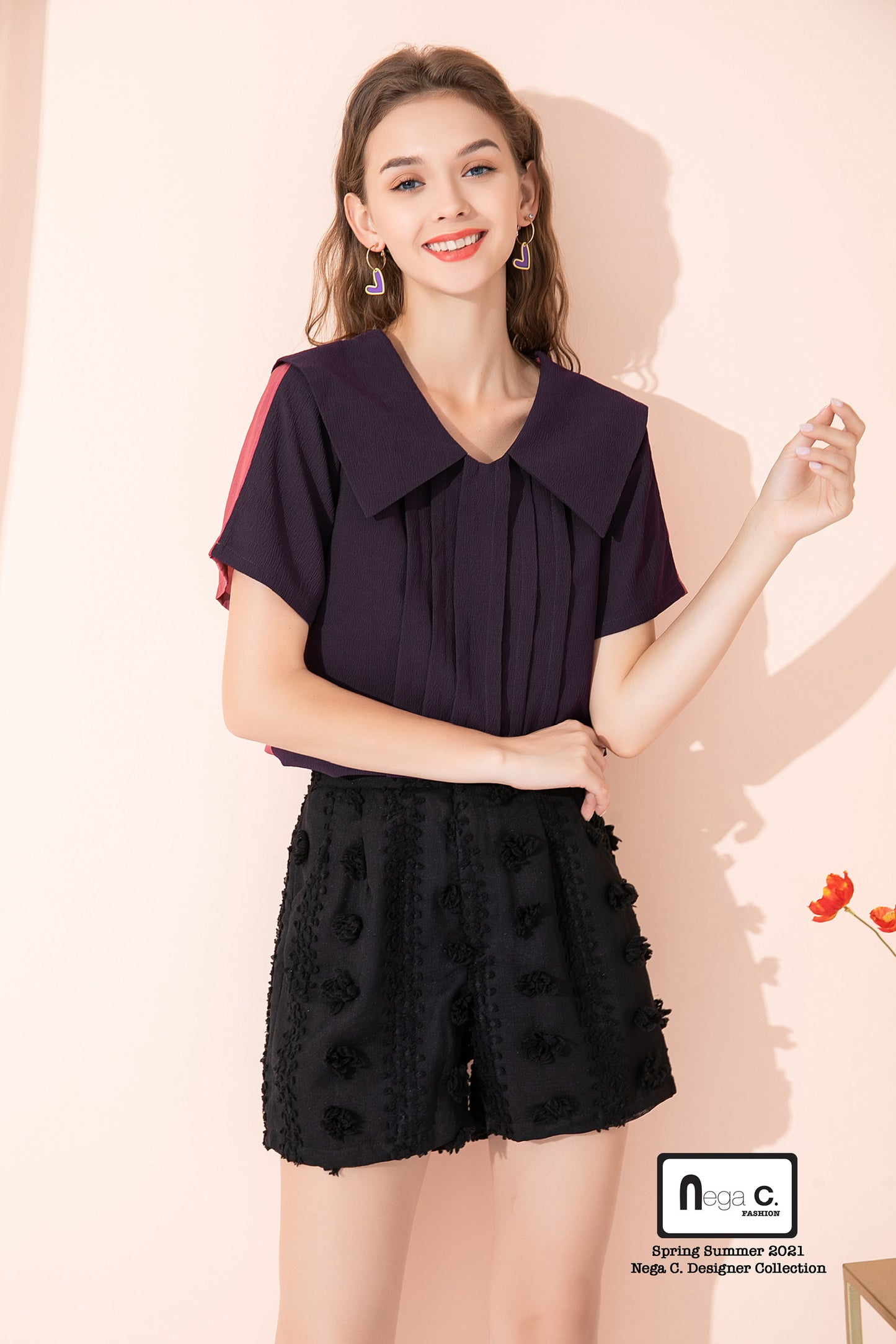 Nega C. Colorblock เสื้อเชิ้ตแขนสั้นคอย้อนกลับ | สีม่วง |