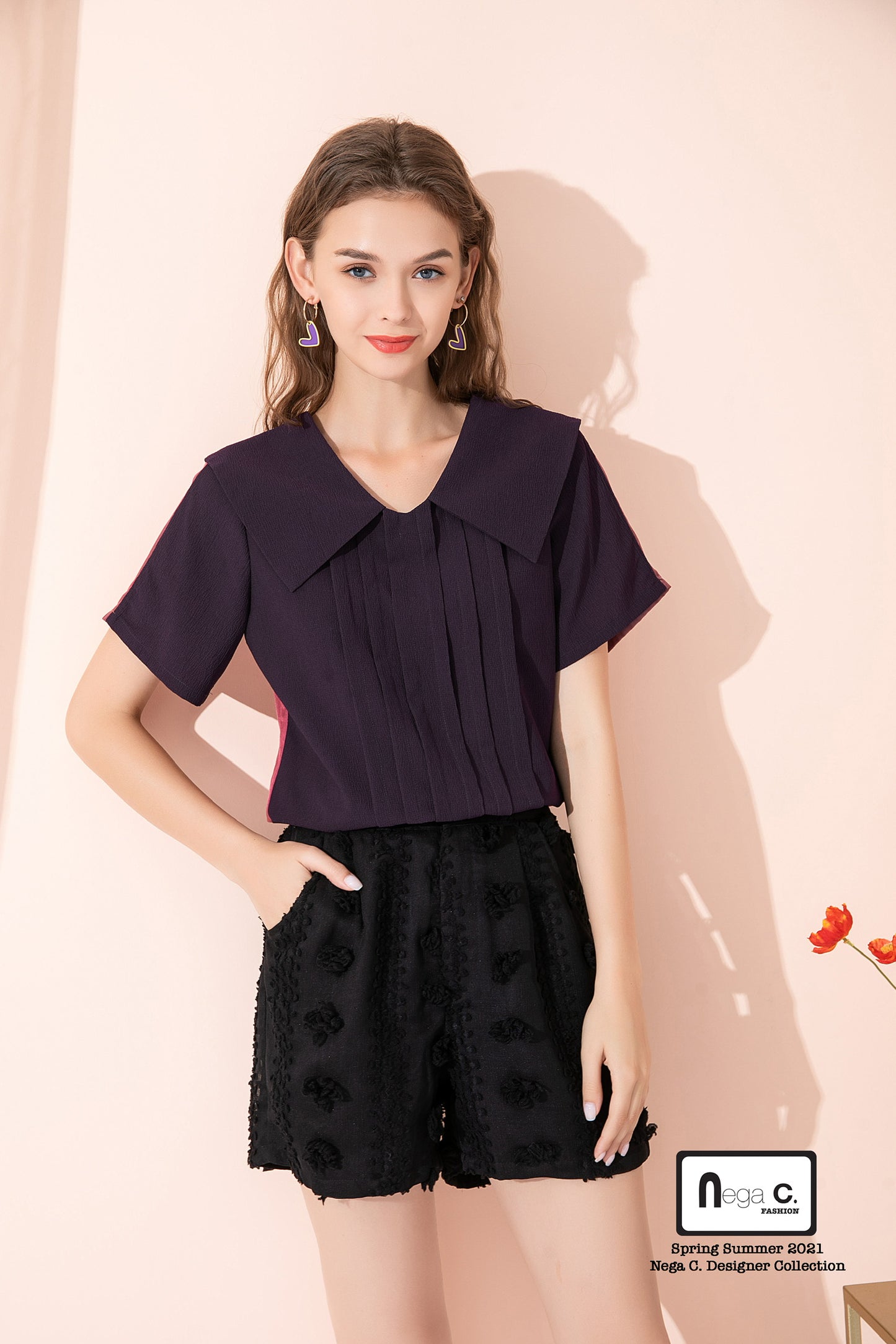 Nega C. Colorblock เสื้อเชิ้ตแขนสั้นคอย้อนกลับ | สีม่วง |