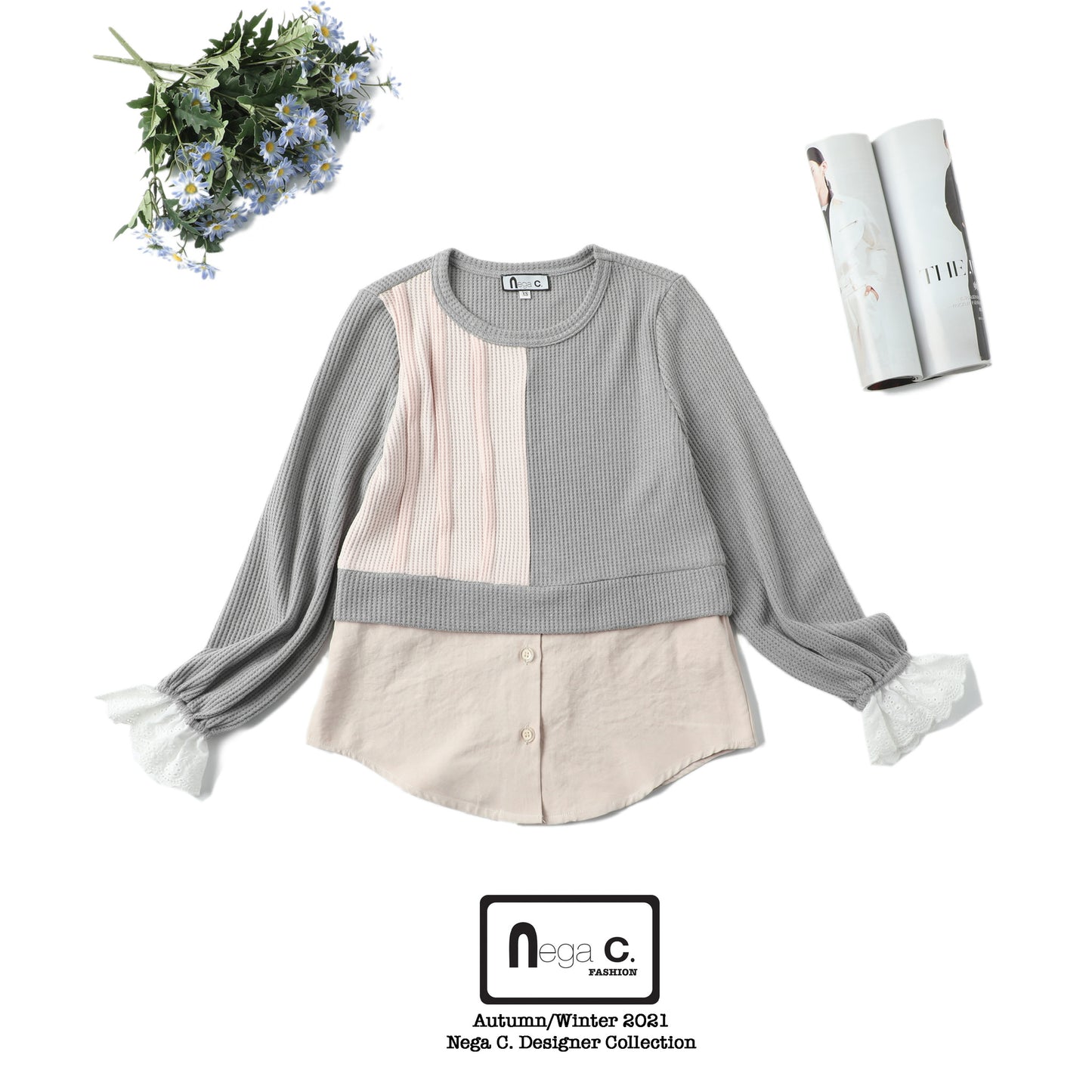 Nega C. เสื้อถักนิตติ้งแพทช์ | สีปกอ่อน | ยืดเล็กน้อย | ไม่มีซับใน