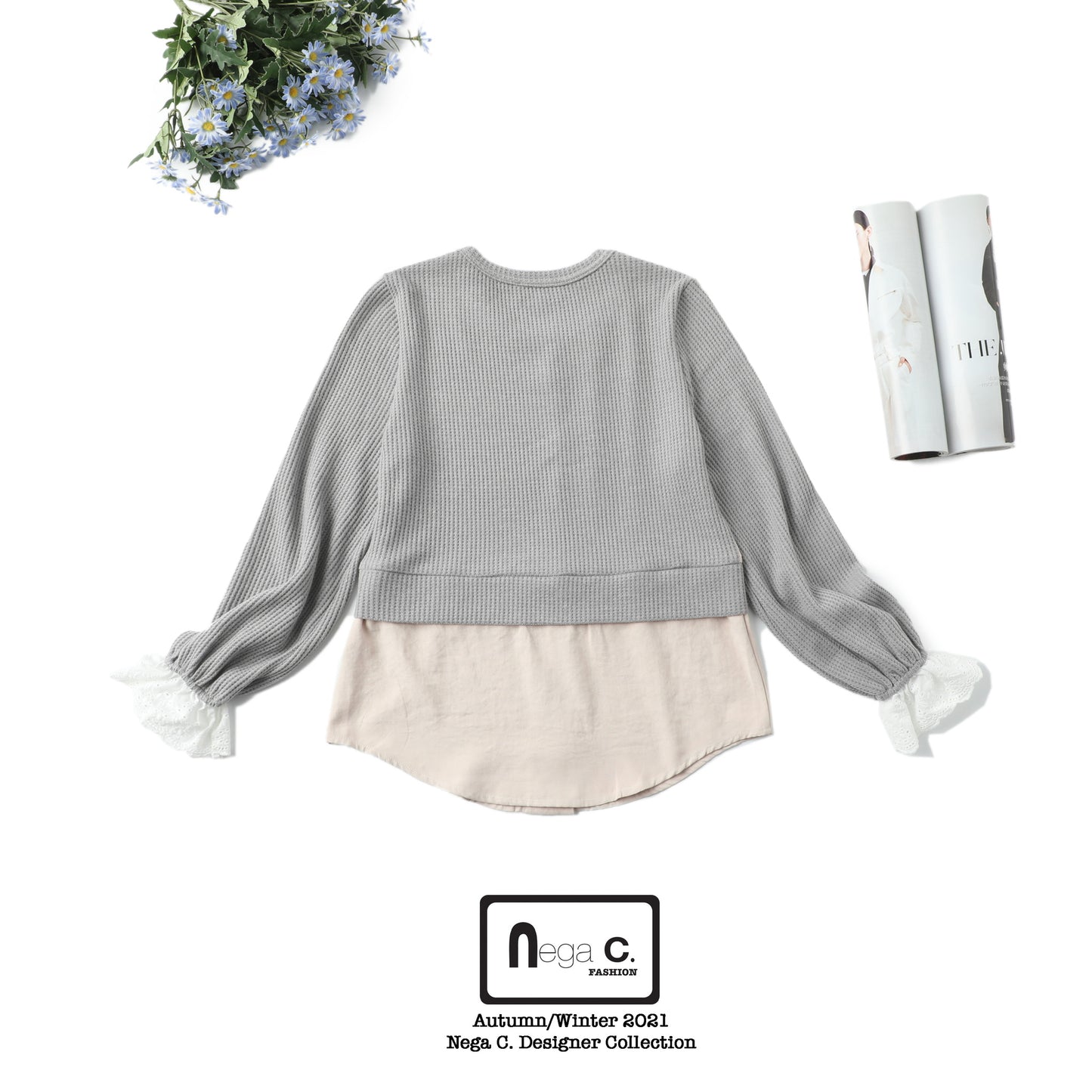 Nega C. เสื้อถักนิตติ้งแพทช์ | สีปกอ่อน | ยืดเล็กน้อย | ไม่มีซับใน