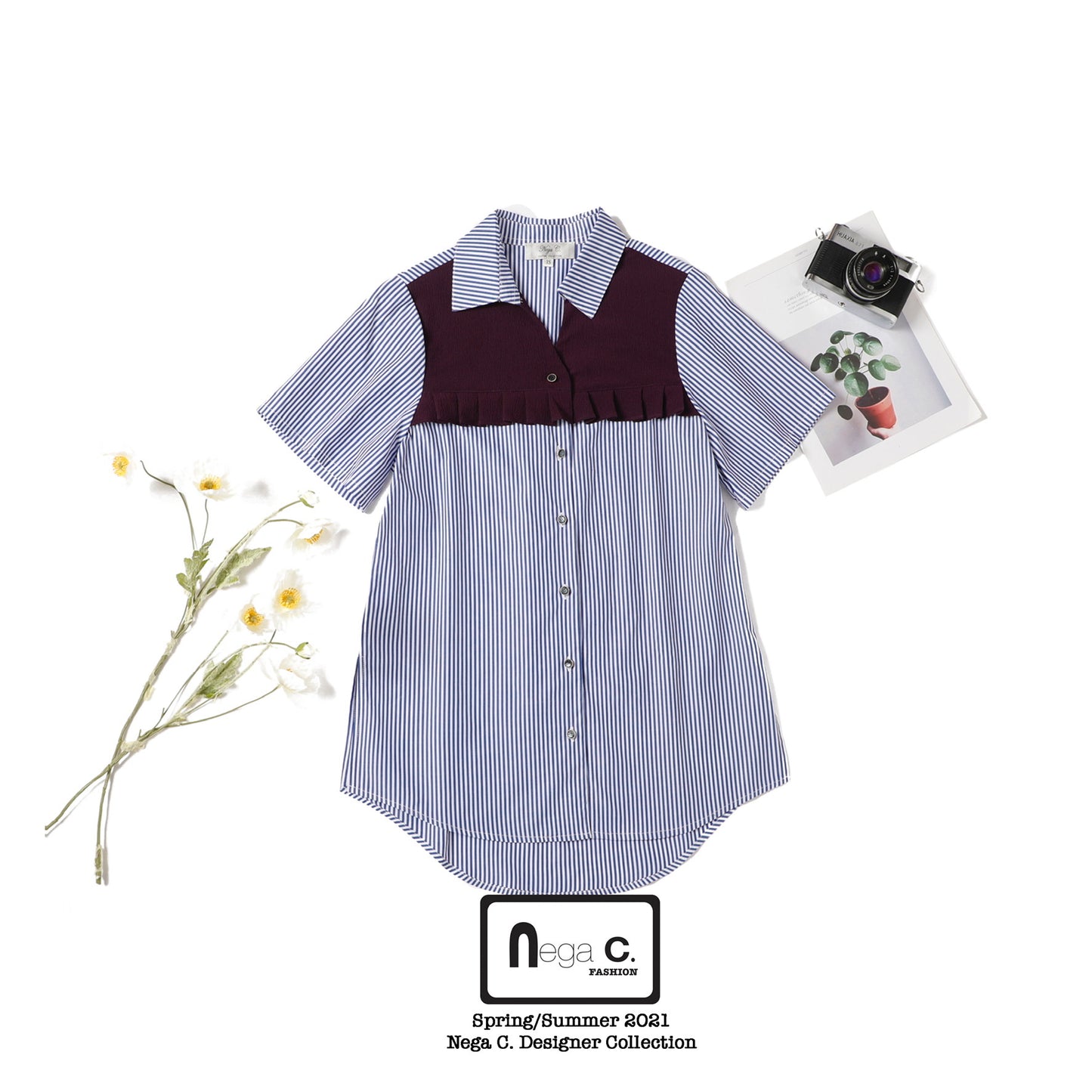 Nega C. เสื้อเชิ้ต Colorblock ลายทางยาว | น้ำเงินเข้ม |