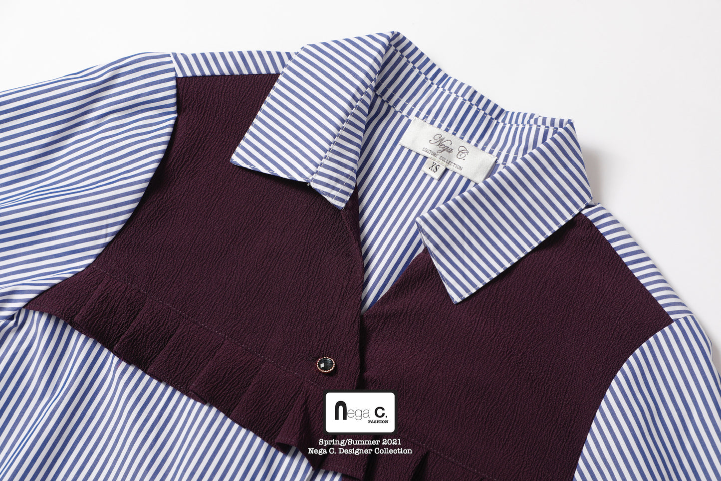 Nega C. เสื้อเชิ้ต Colorblock ลายทางยาว | น้ำเงินเข้ม |
