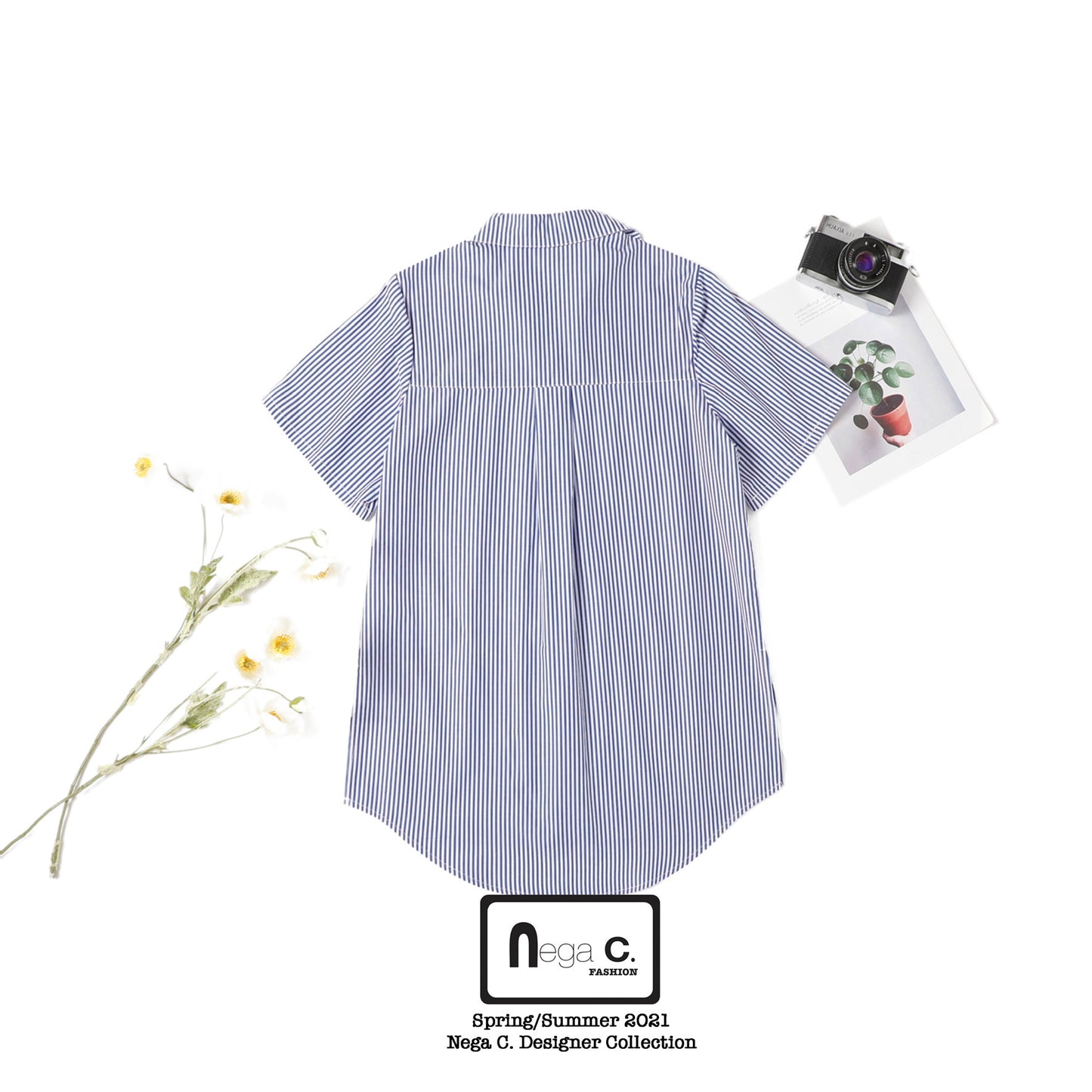 Nega C. เสื้อเชิ้ต Colorblock ลายทางยาว | น้ำเงินเข้ม |