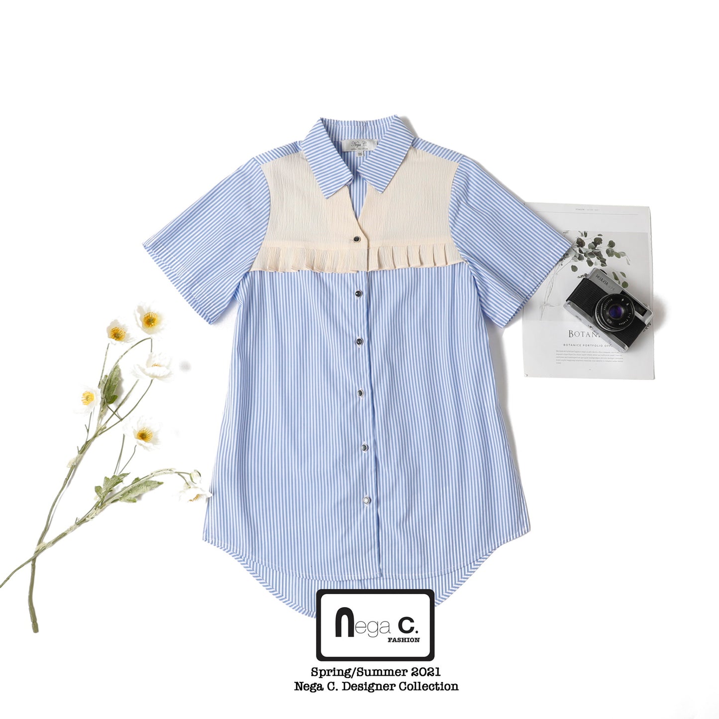 Nega C. เสื้อเชิ้ต Colorblock ลายทางยาว | น้ำเงินเข้ม |