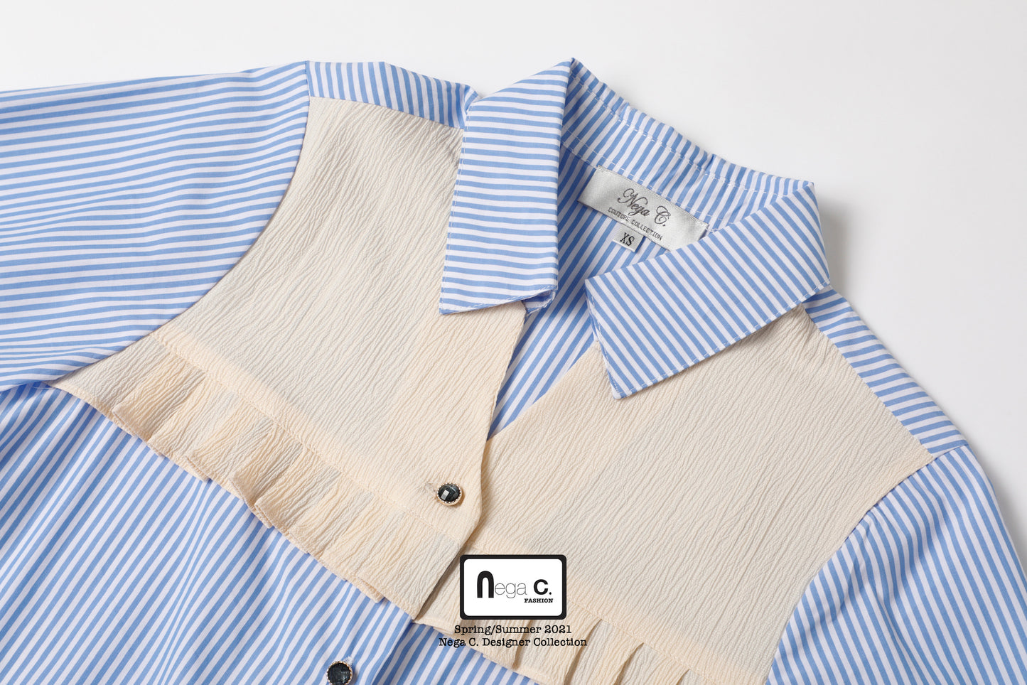 Nega C.เสื้อเชิ้ตคัลเลอร์บล็อคตัวยาว | ฟ้าอ่อน |