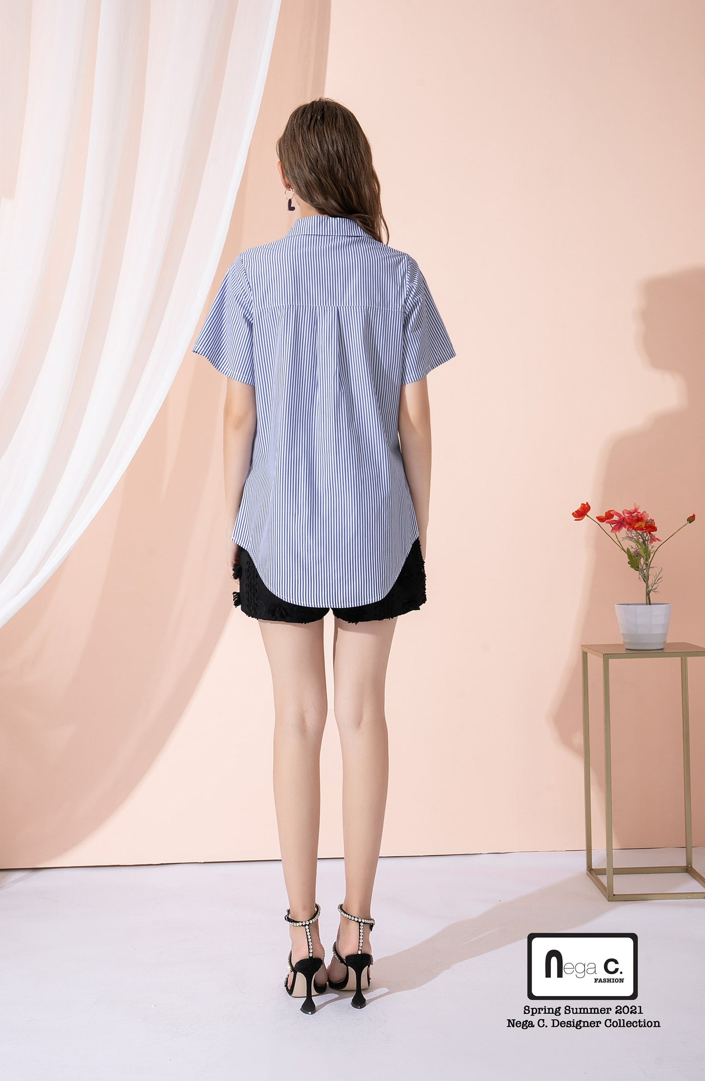 Nega C. เสื้อเชิ้ต Colorblock ลายทางยาว | น้ำเงินเข้ม |