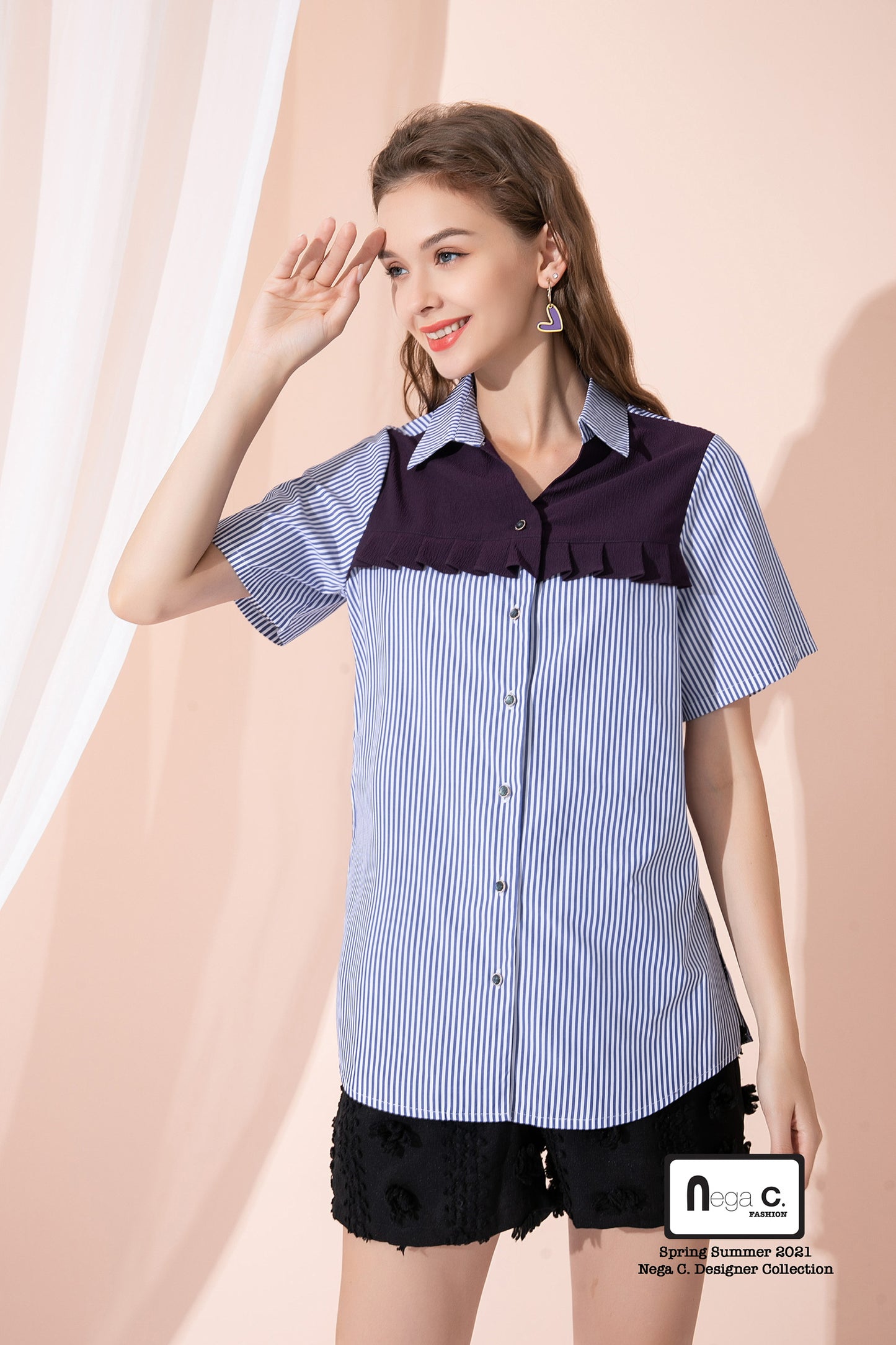 Nega C. เสื้อเชิ้ต Colorblock ลายทางยาว | น้ำเงินเข้ม |