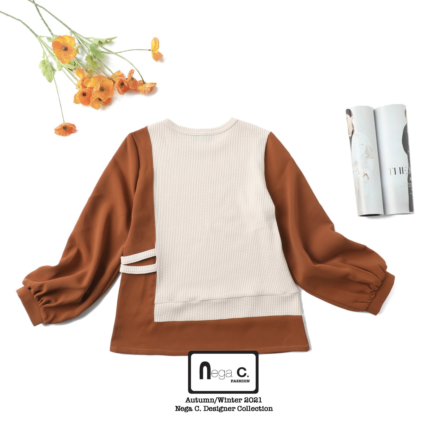 Nega C. เสื้อพัฟเย็บปะติดปะต่อคอกลม | สีน้ำตาล | ยืดเล็กน้อย | ไม่มีซับใน