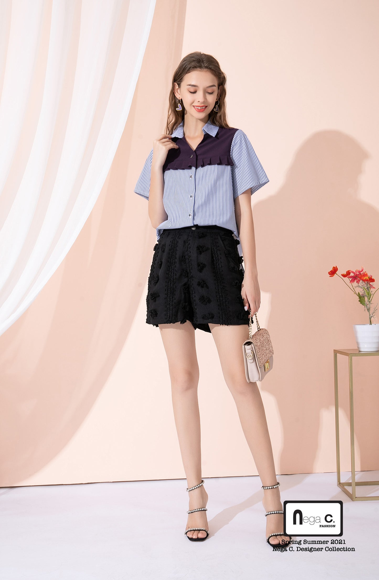 Nega C. เสื้อเชิ้ต Colorblock ลายทางยาว | น้ำเงินเข้ม |