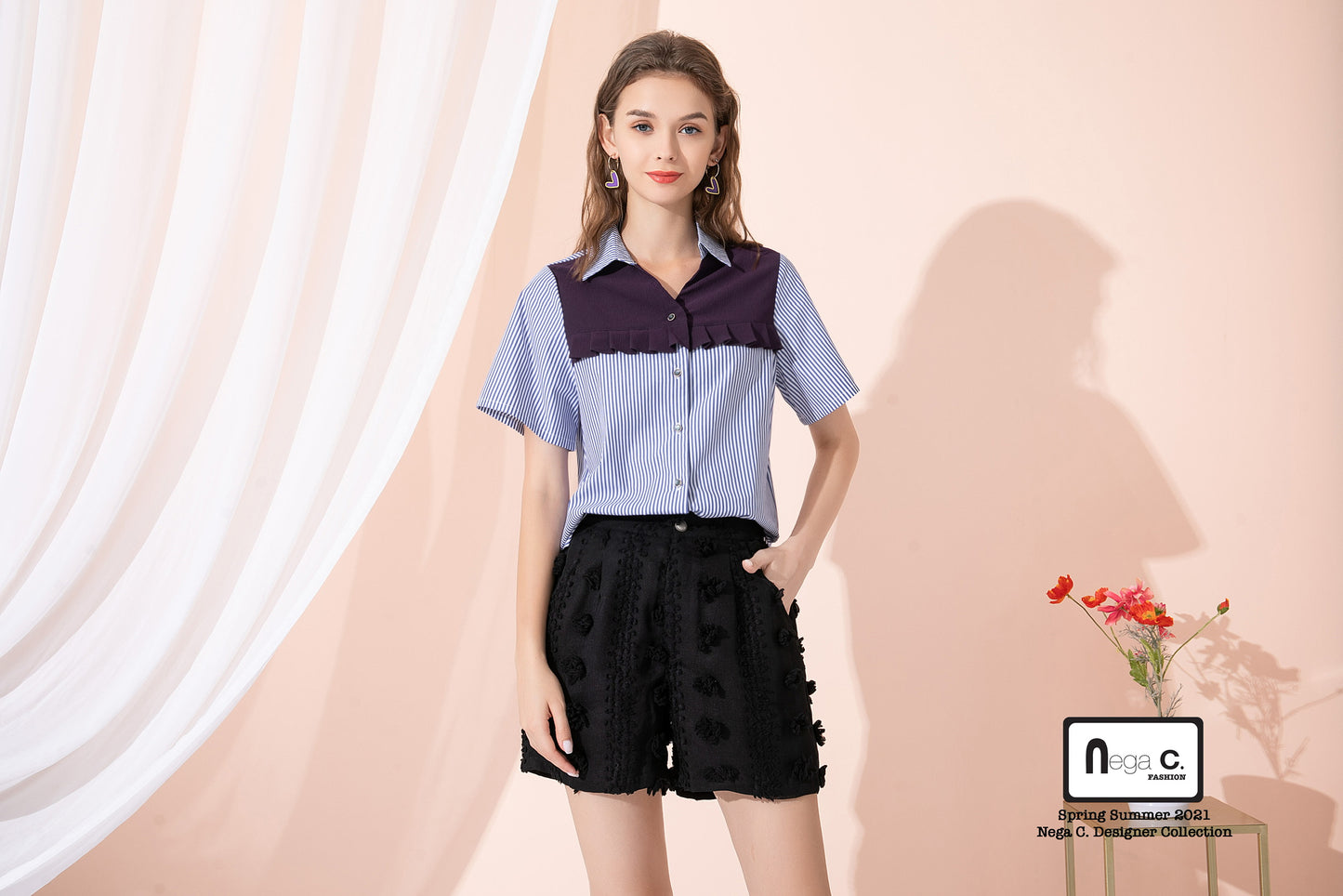 Nega C. เสื้อเชิ้ต Colorblock ลายทางยาว | น้ำเงินเข้ม |