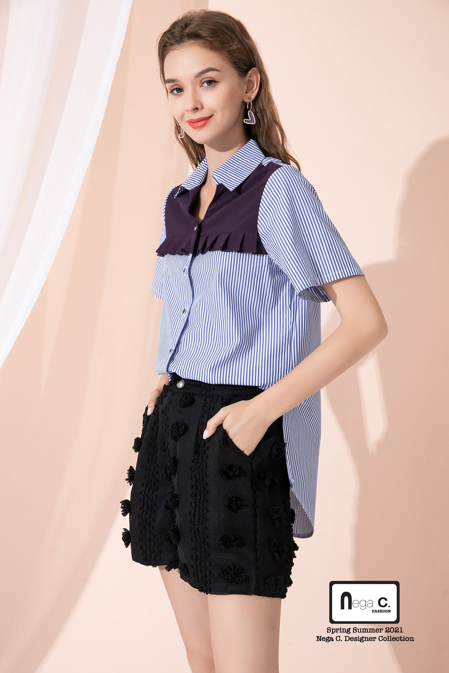 Nega C. เสื้อเชิ้ต Colorblock ลายทางยาว | น้ำเงินเข้ม |