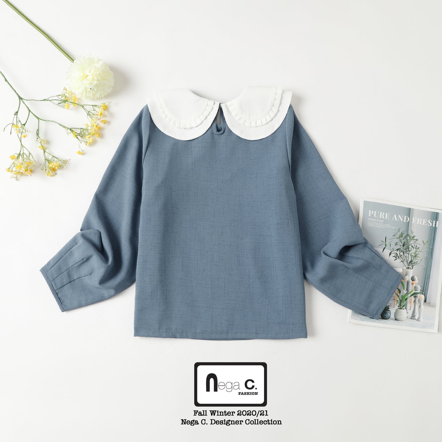 Nega C. เสื้อเชิ้ตลูกไม้คอกลมจับจีบบางสองชั้น |สีฟ้า|ซับในแบบเรียบเรียง|