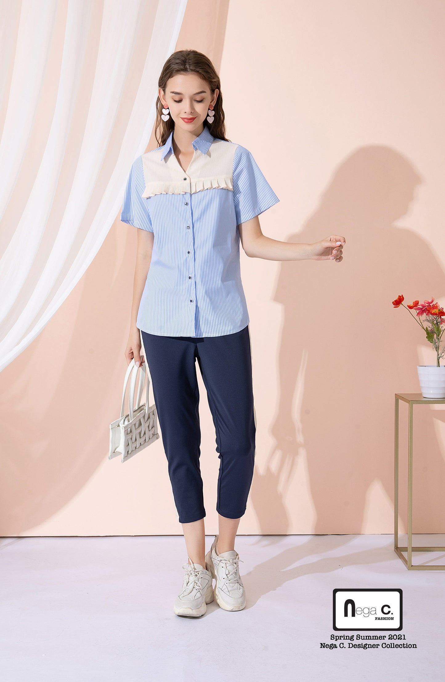 Nega C.เสื้อเชิ้ตคัลเลอร์บล็อคตัวยาว | ฟ้าอ่อน |