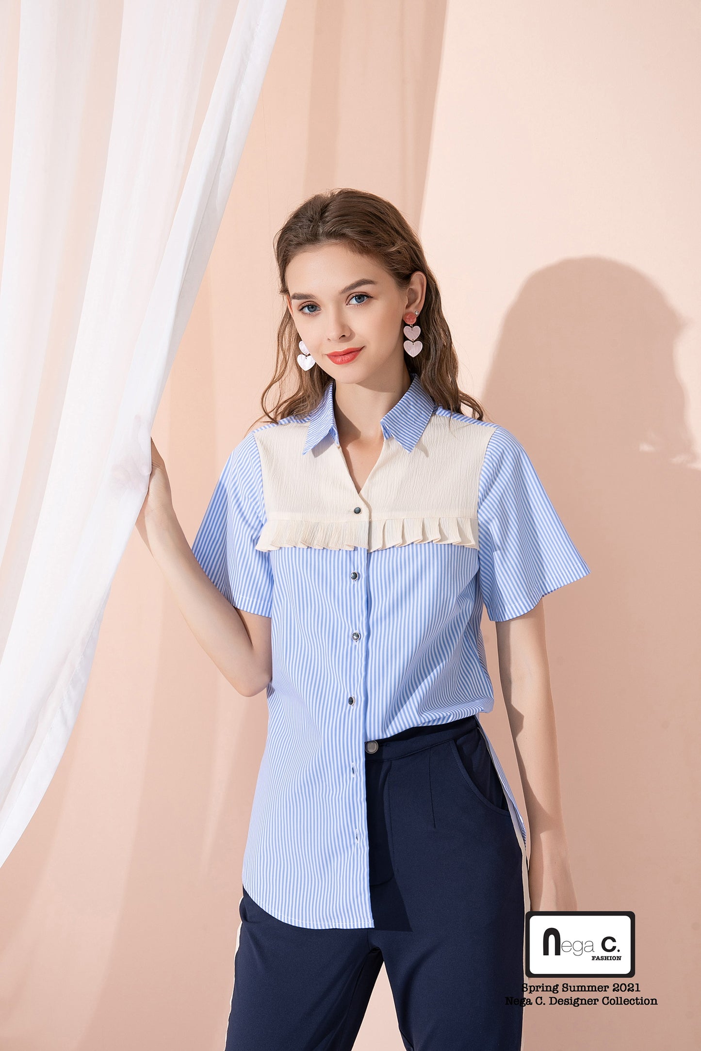 Nega C.เสื้อเชิ้ตคัลเลอร์บล็อคตัวยาว | ฟ้าอ่อน |